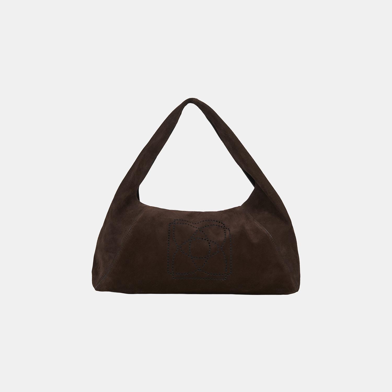 Kadın Koyu Kahve Monogram Logolu Süet Deri Omuz Çantası