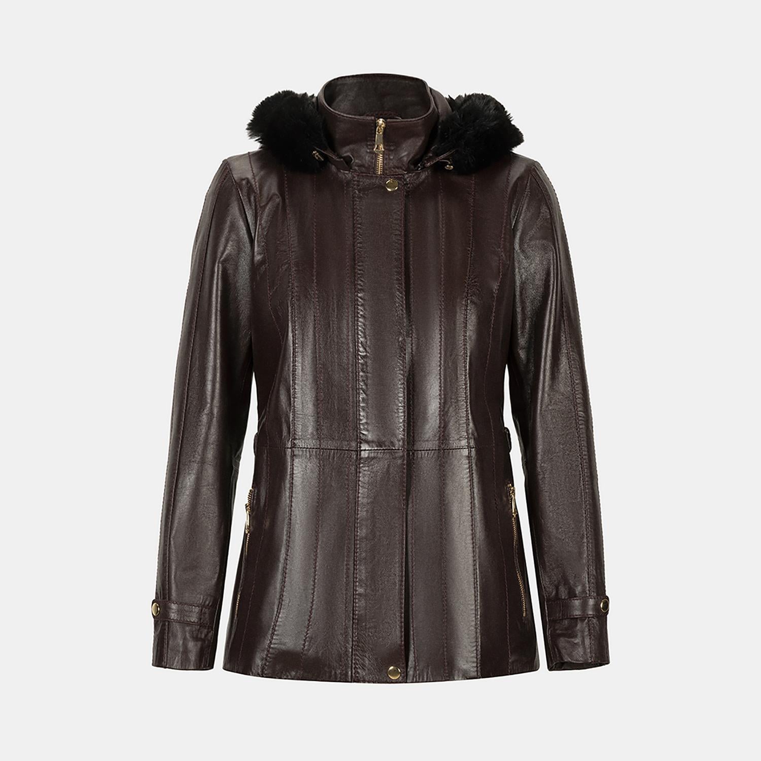 Kadın Bordo Kapüşonlu Deri Mont