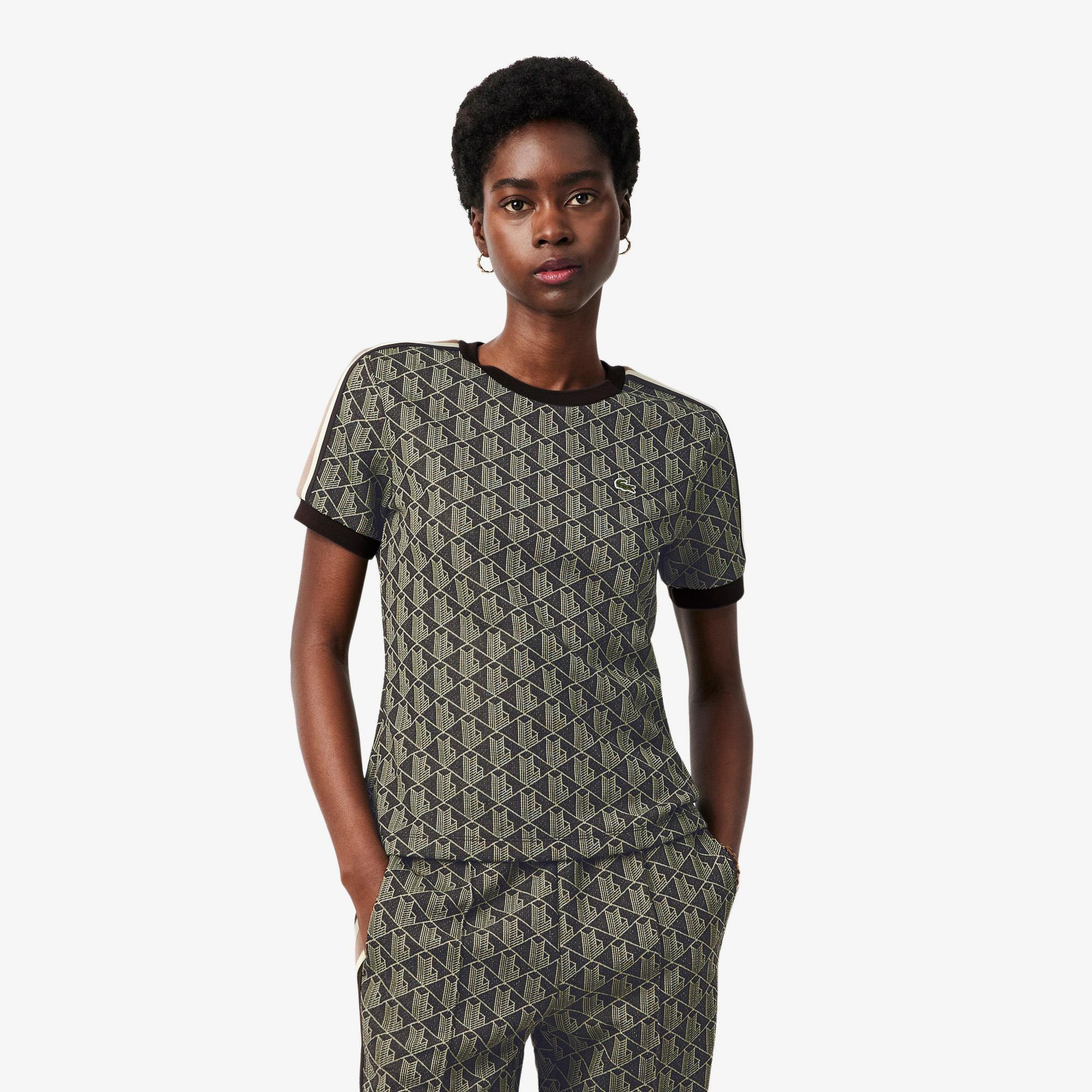 Lacoste Kadın Slim Fit Bisiklet Yaka Monogram Kahverengi T-Shirt