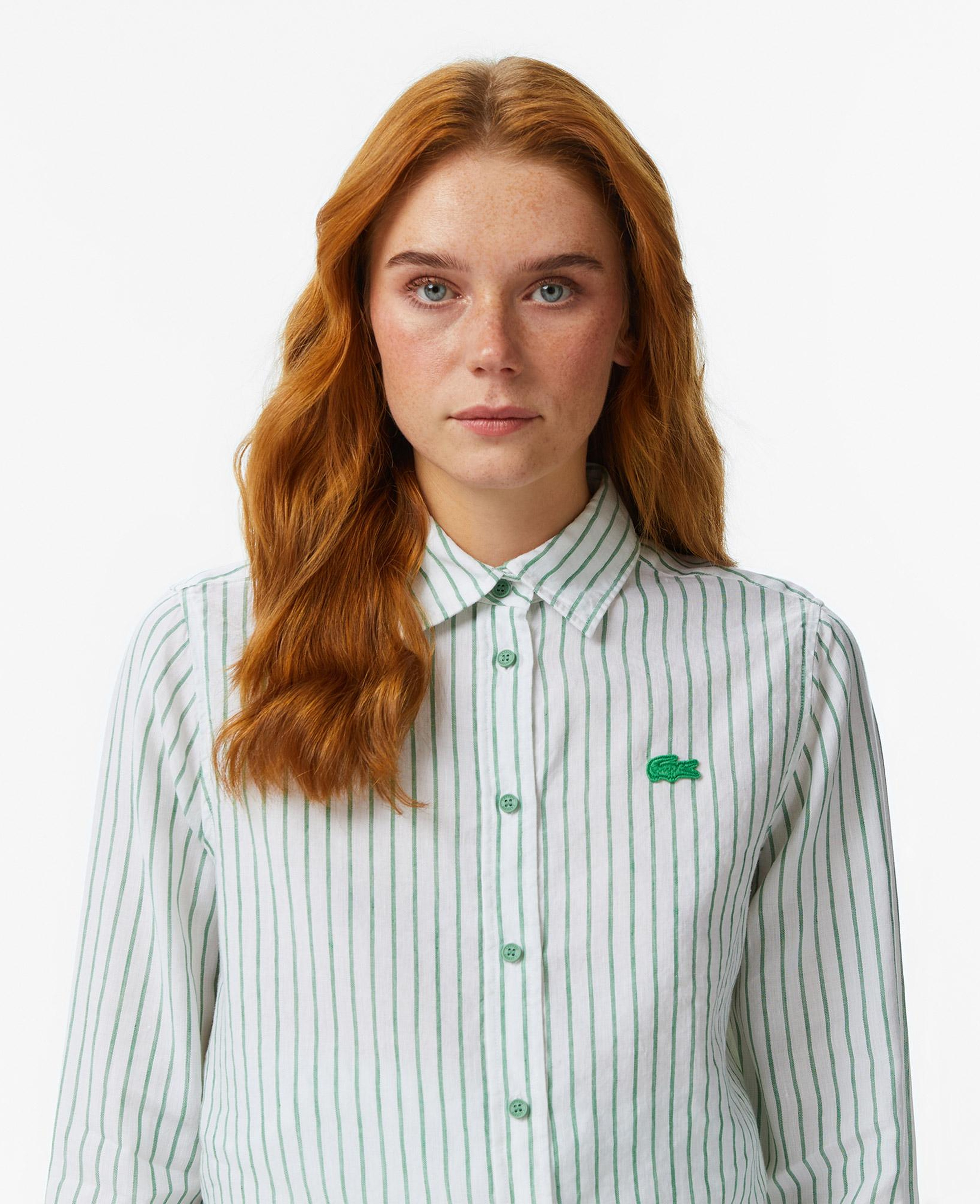 Lacoste Kadın Relaxed Fit Keten Çizgili Yeşil Gömlek