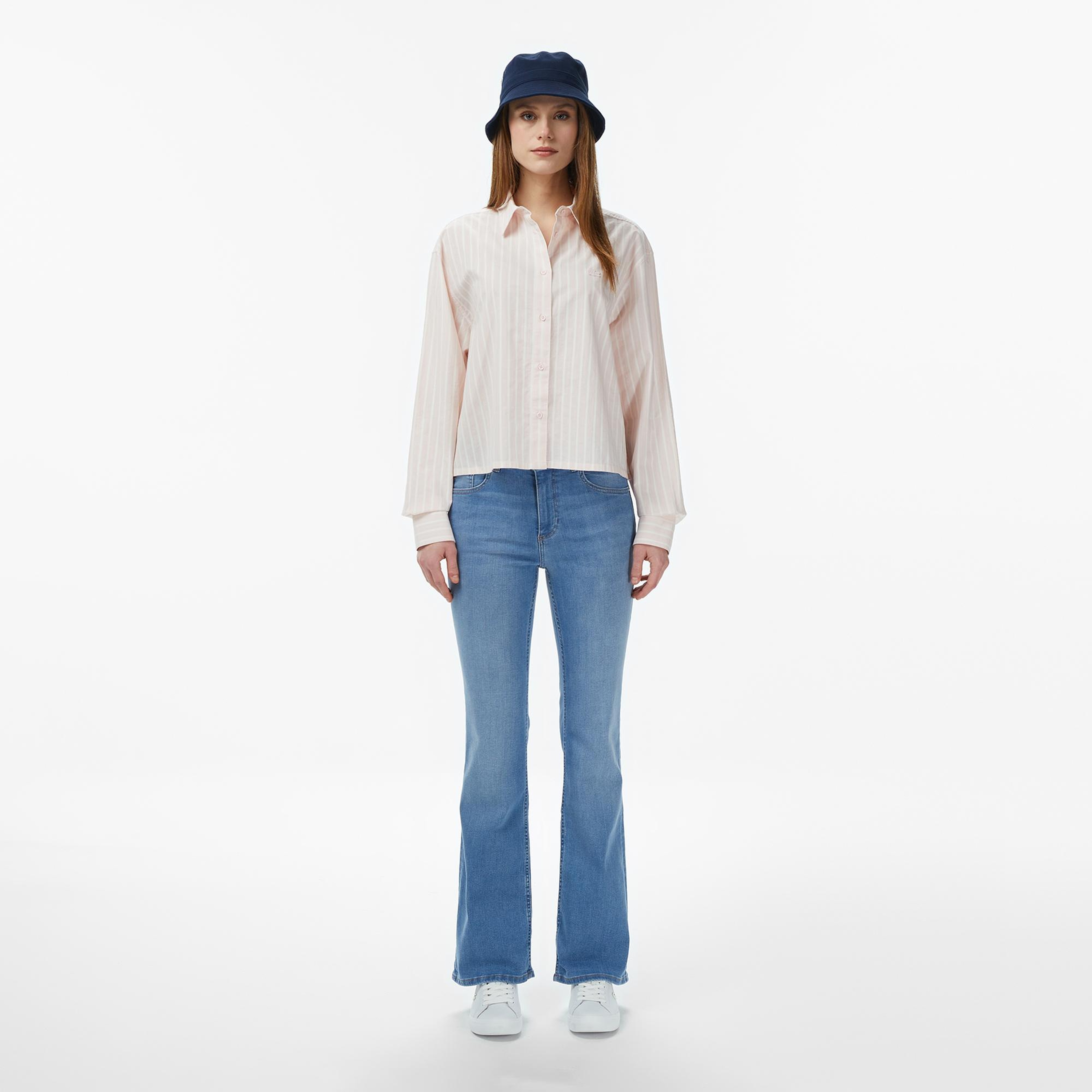 Lacoste Kadın Relaxed Fit Düğmeli Yaka Çizgili Açık Pembe Gömlek