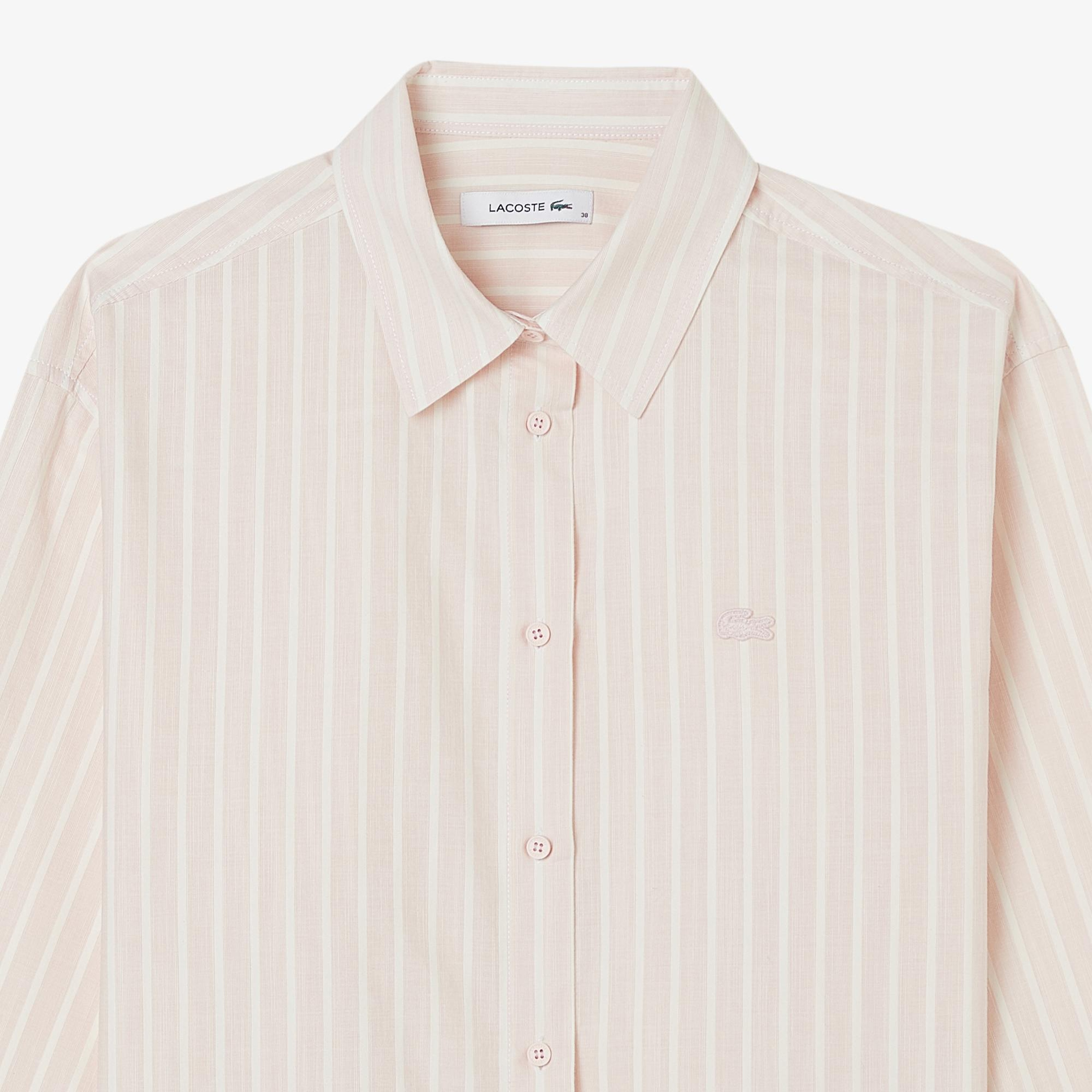 Lacoste Kadın Relaxed Fit Düğmeli Yaka Çizgili Açık Pembe Gömlek