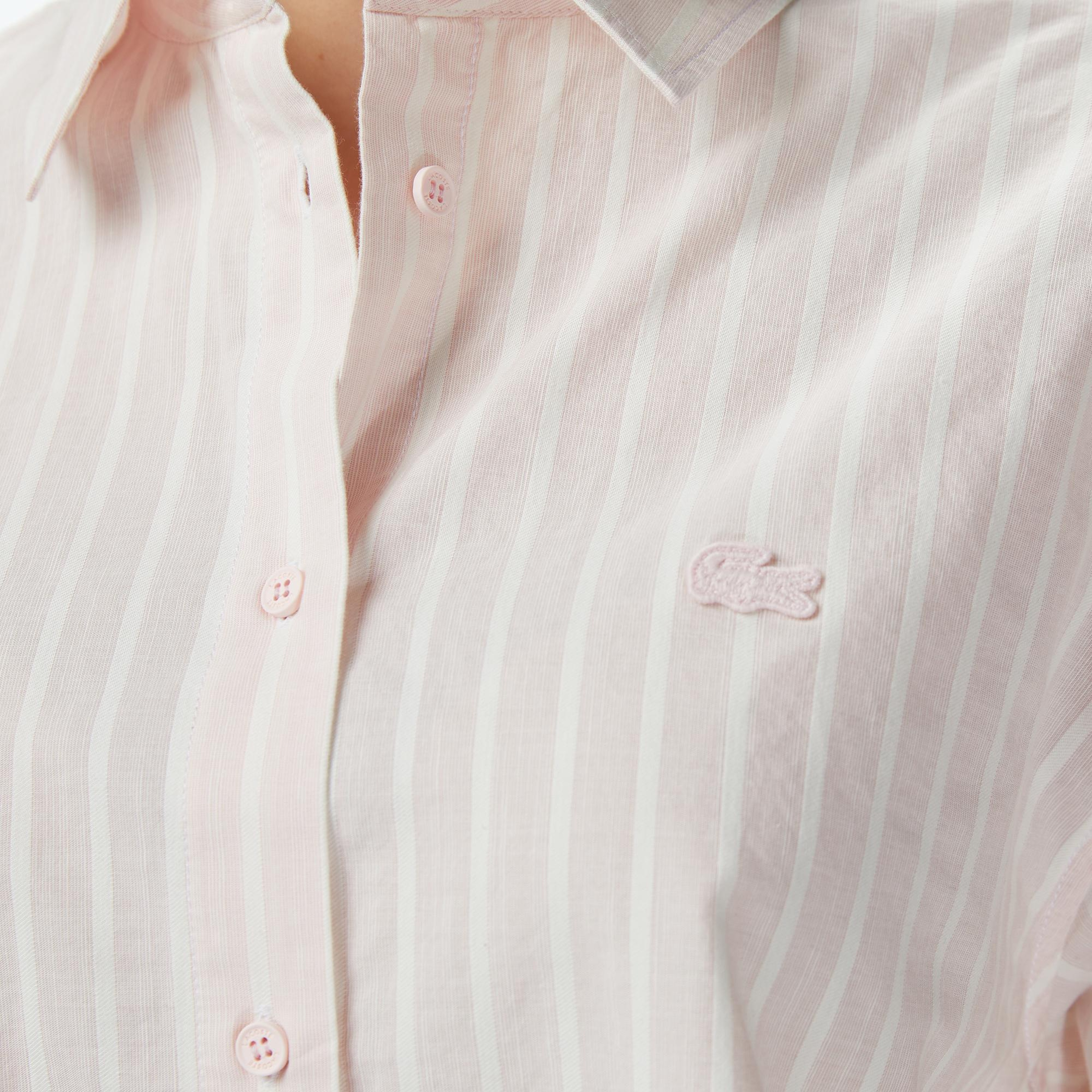 Lacoste Kadın Relaxed Fit Düğmeli Yaka Çizgili Açık Pembe Gömlek