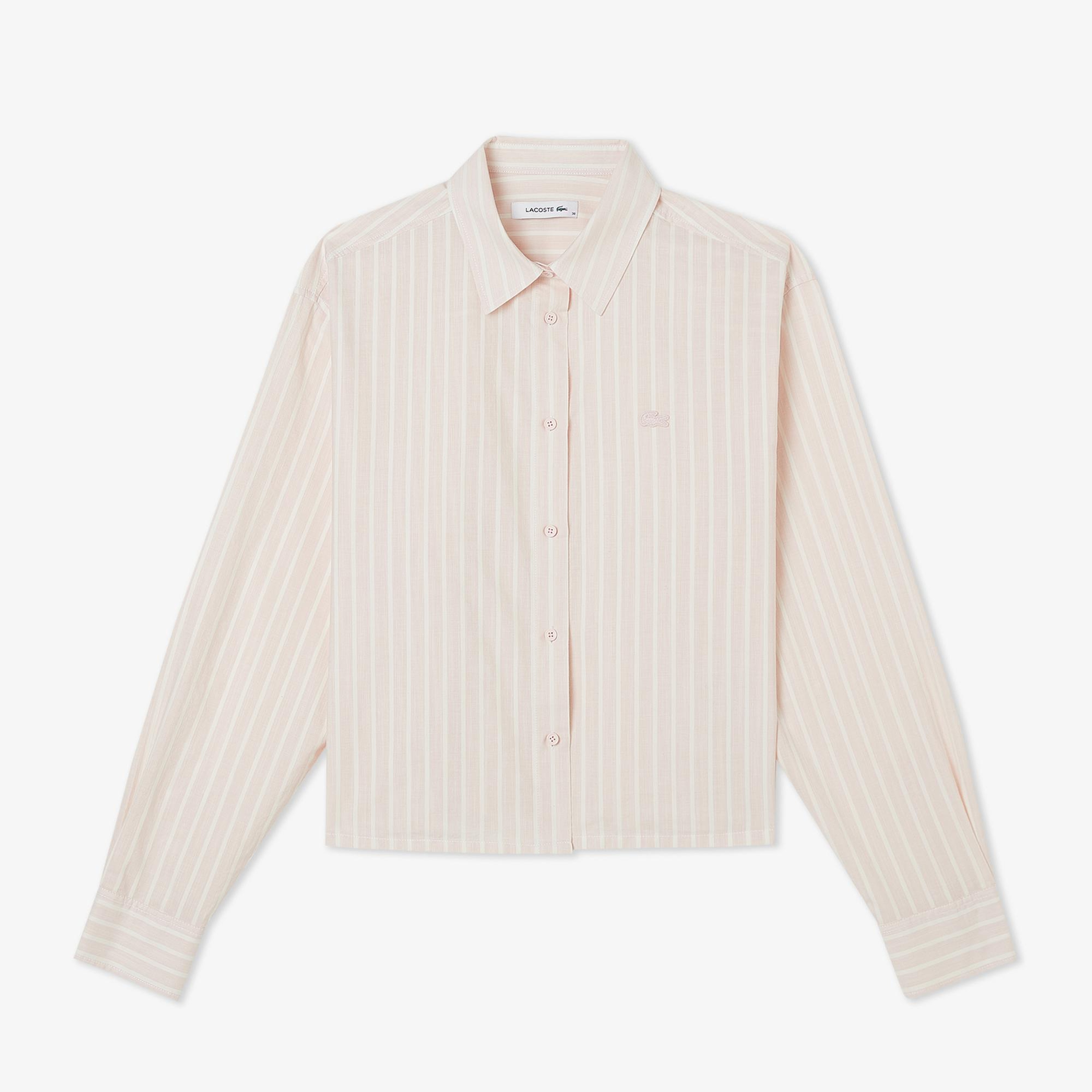 Lacoste Kadın Relaxed Fit Düğmeli Yaka Çizgili Açık Pembe Gömlek
