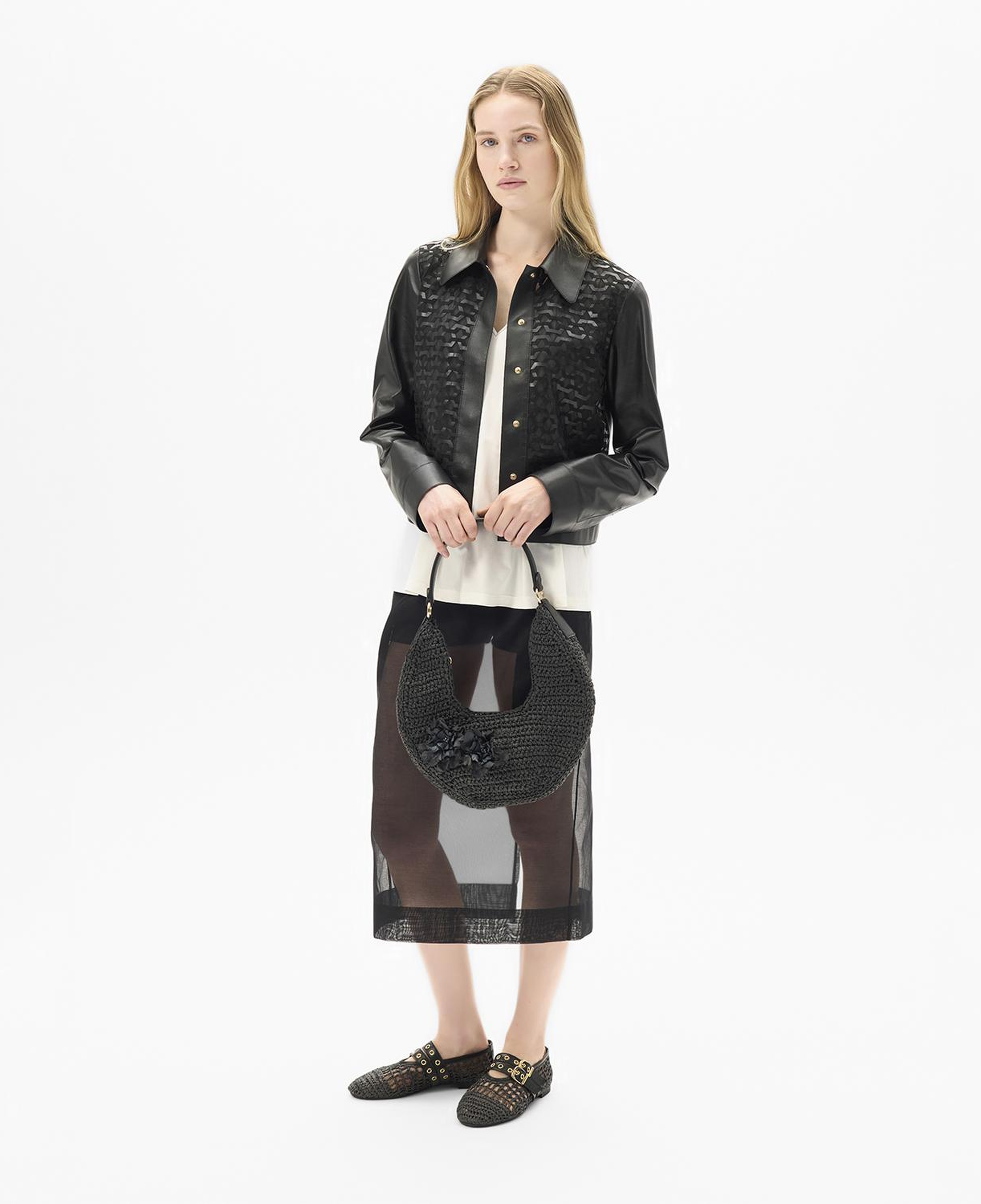 Kadın Siyah Gömlek Yaka Örmeli Deri Ceket