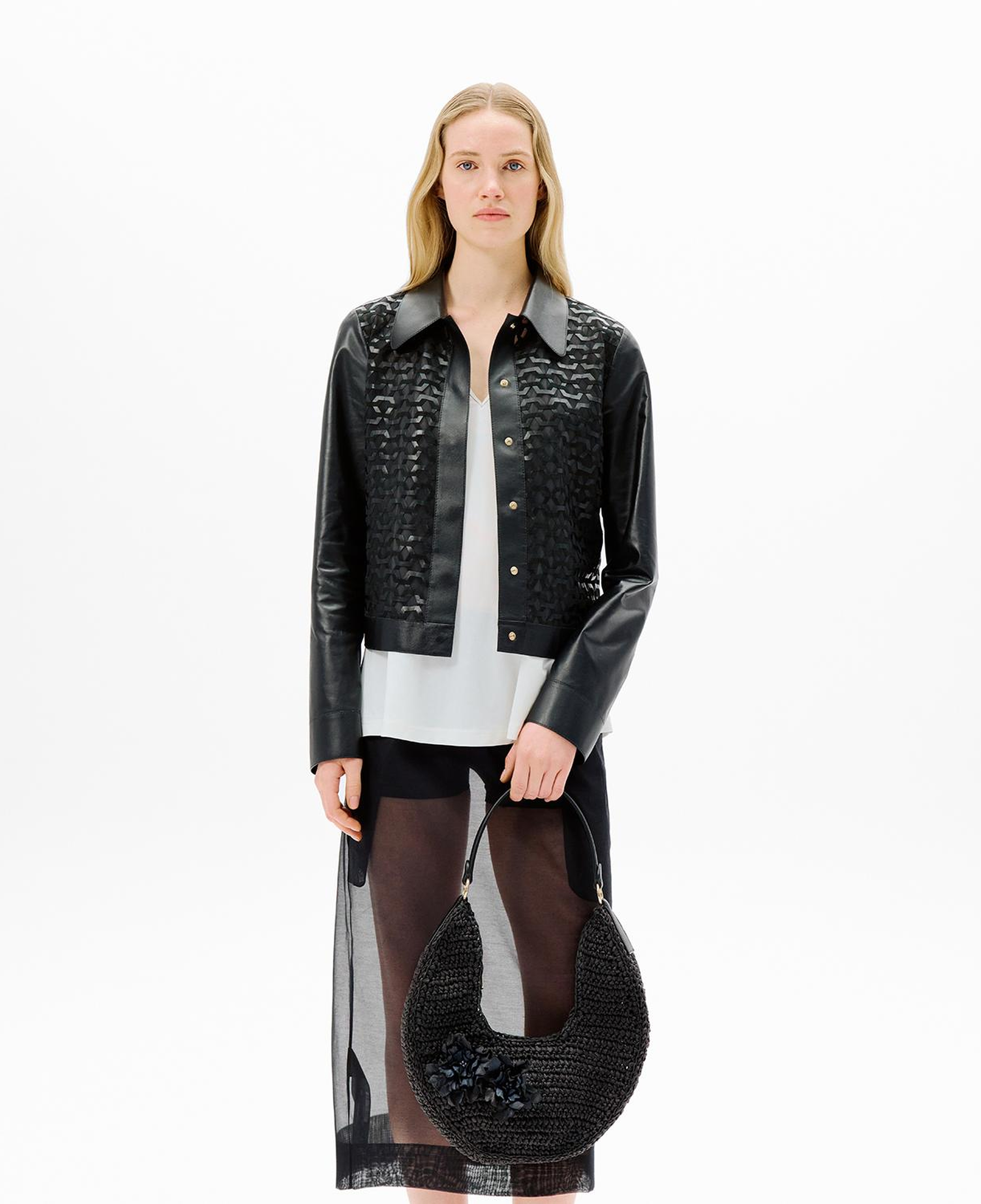 Kadın Siyah Gömlek Yaka Örmeli Deri Ceket