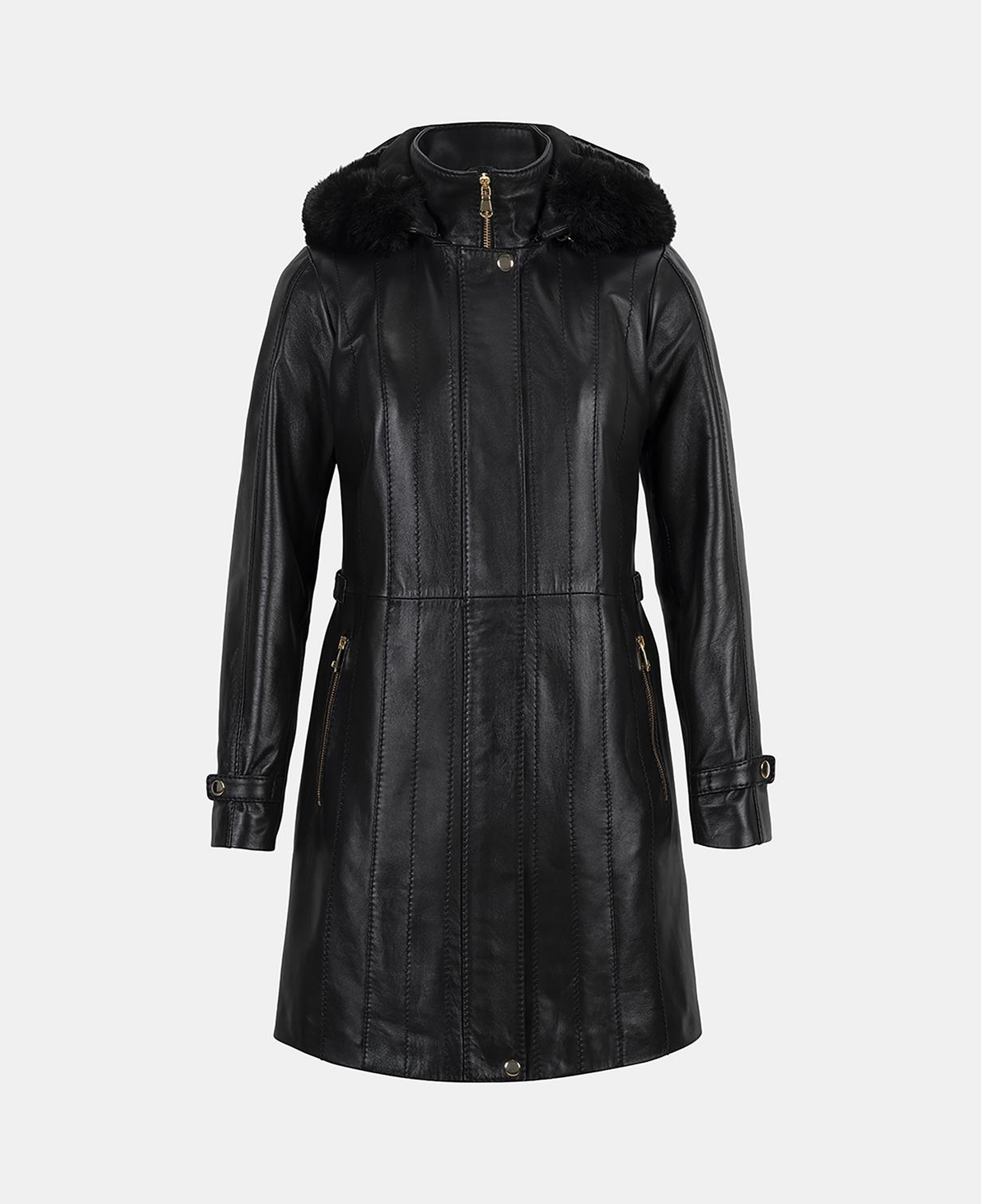 Kadın Siyah Hakim Yakalı Kapüşonlu Deri Kaban