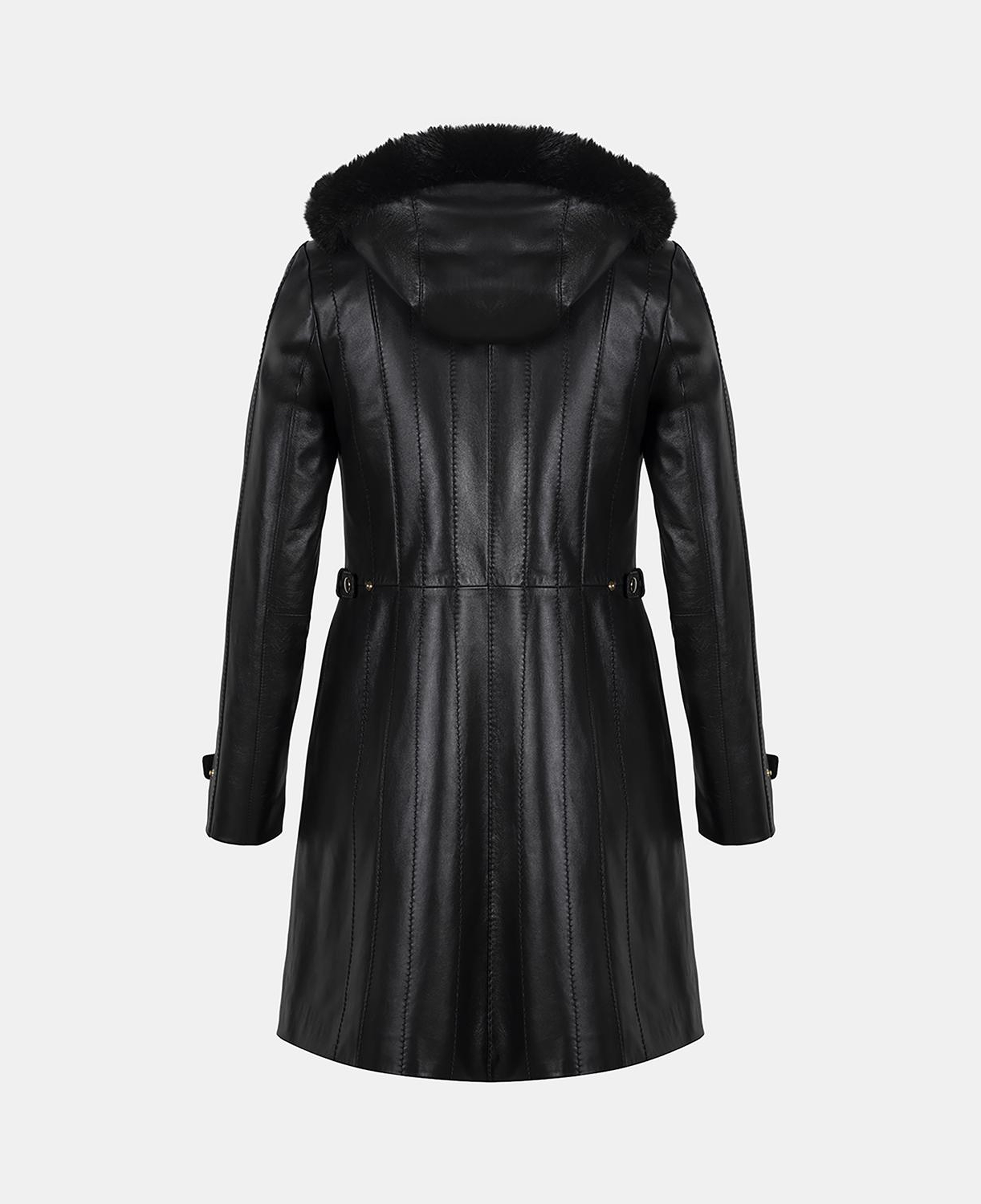 Kadın Siyah Hakim Yakalı Kapüşonlu Deri Kaban