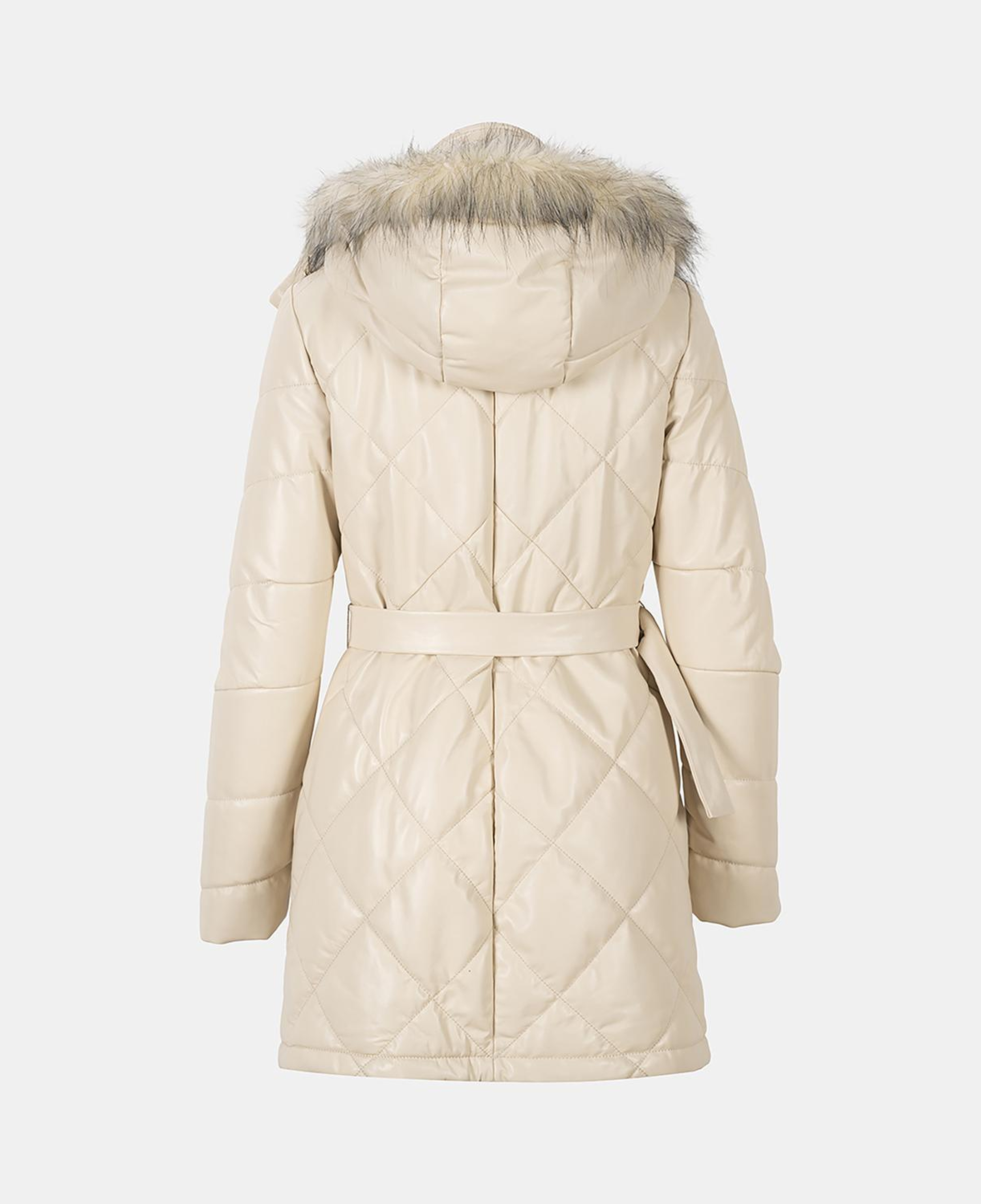 Kadın Krem Hakim Yakalı Kapüşonlu Deri Mont