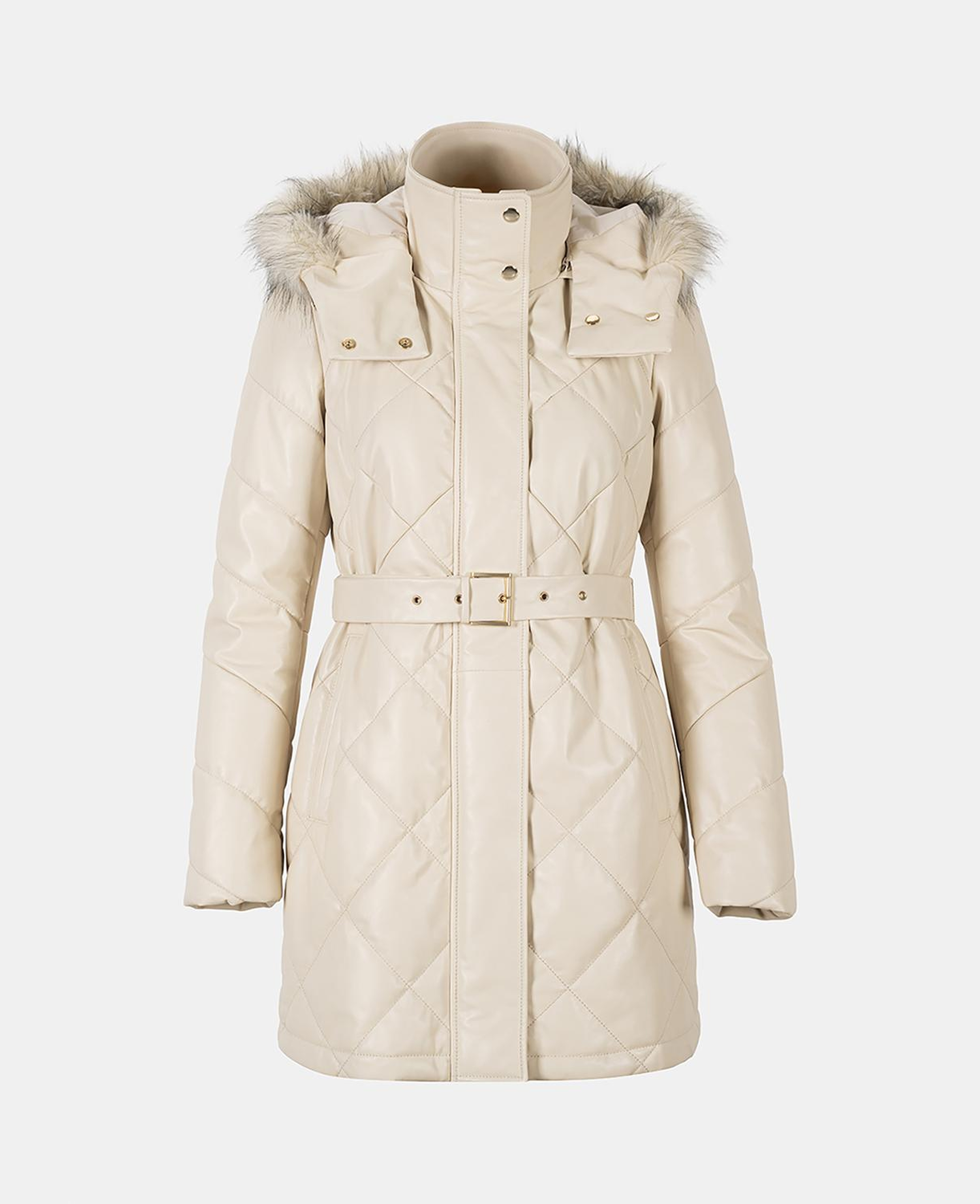 Kadın Krem Hakim Yakalı Kapüşonlu Deri Mont