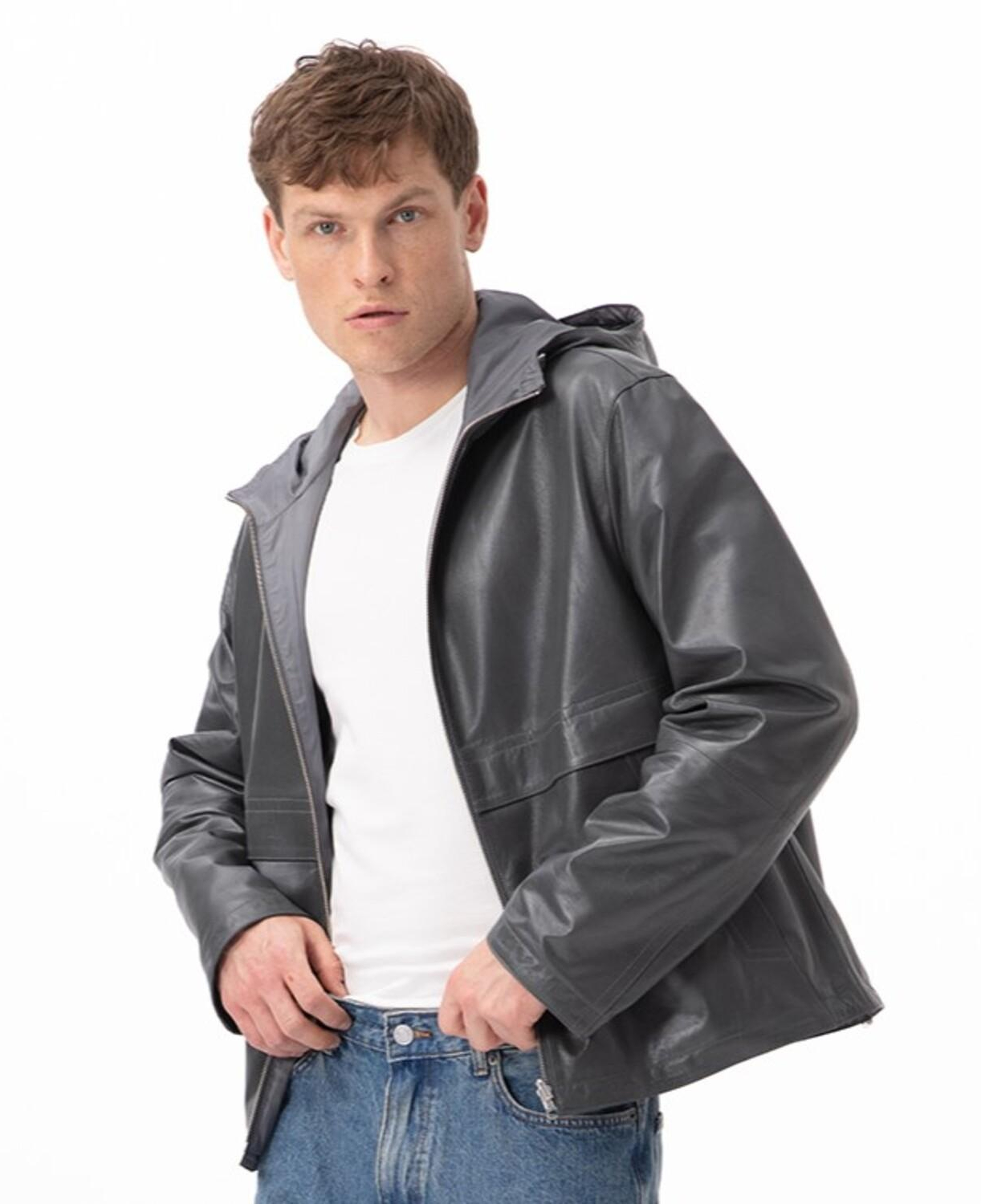 Alanzo Gri Erkek Çift Taraflı Bomber Deri Ceket