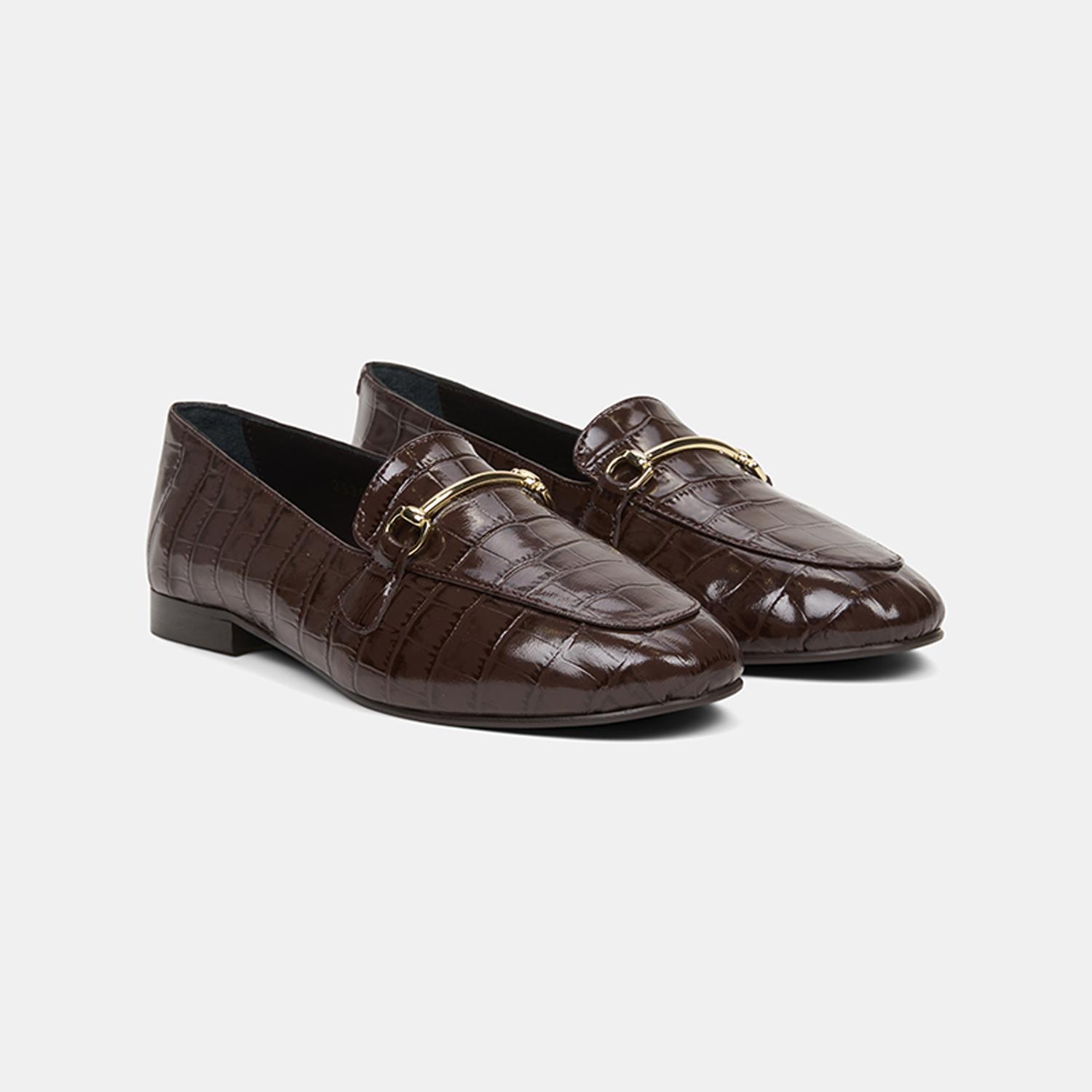 Kadın Acı Kahve Kroko Baskılı Rugan Deri Loafer