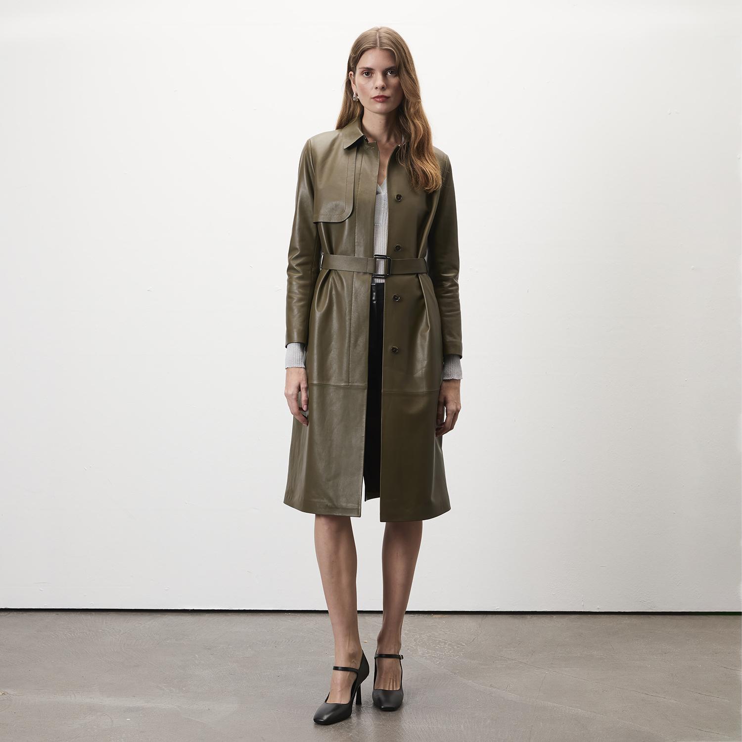 Kadın Haki Uzun Gömlek Yaka Deri Trençkot