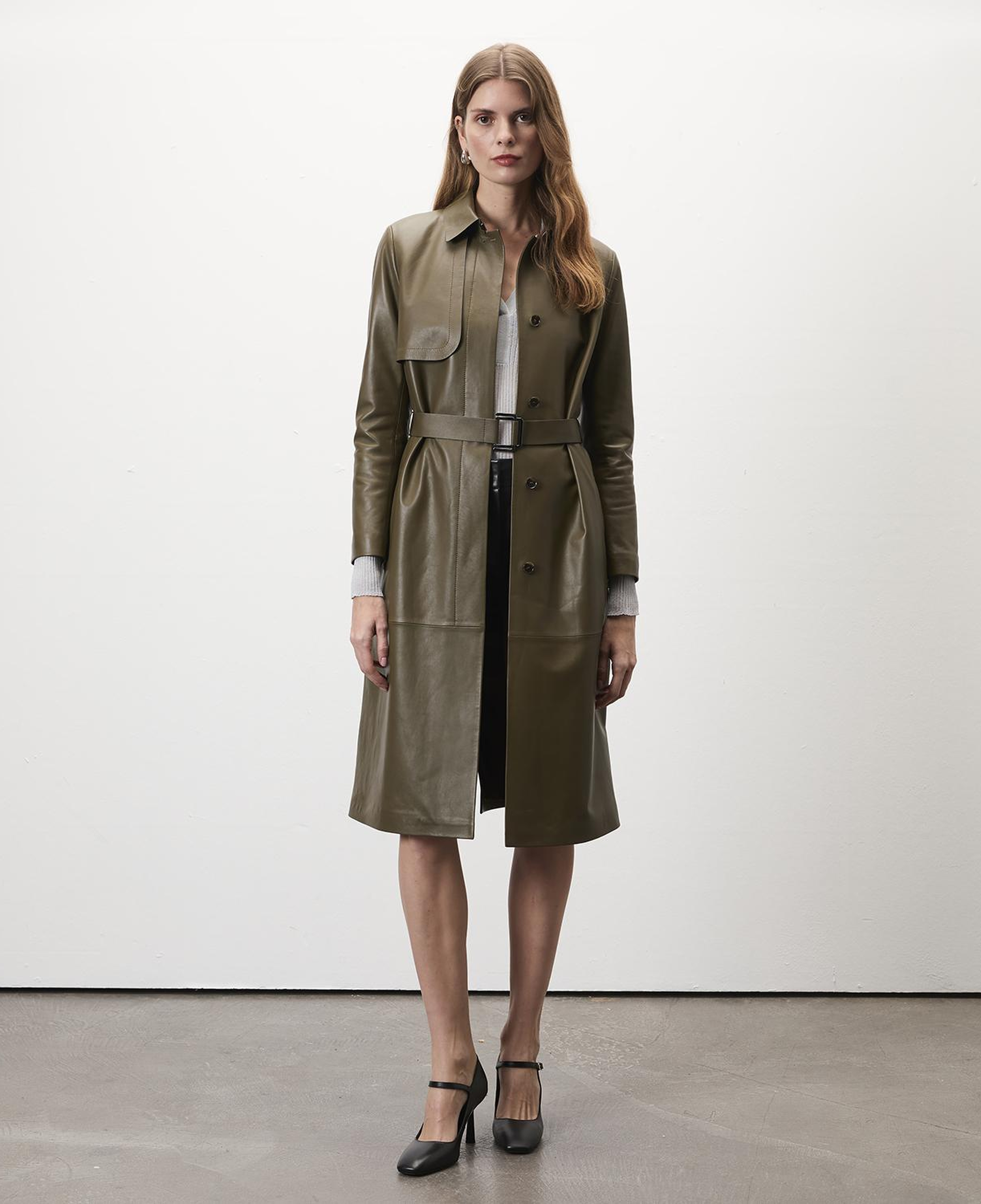 Kadın Haki Uzun Gömlek Yaka Deri Trençkot
