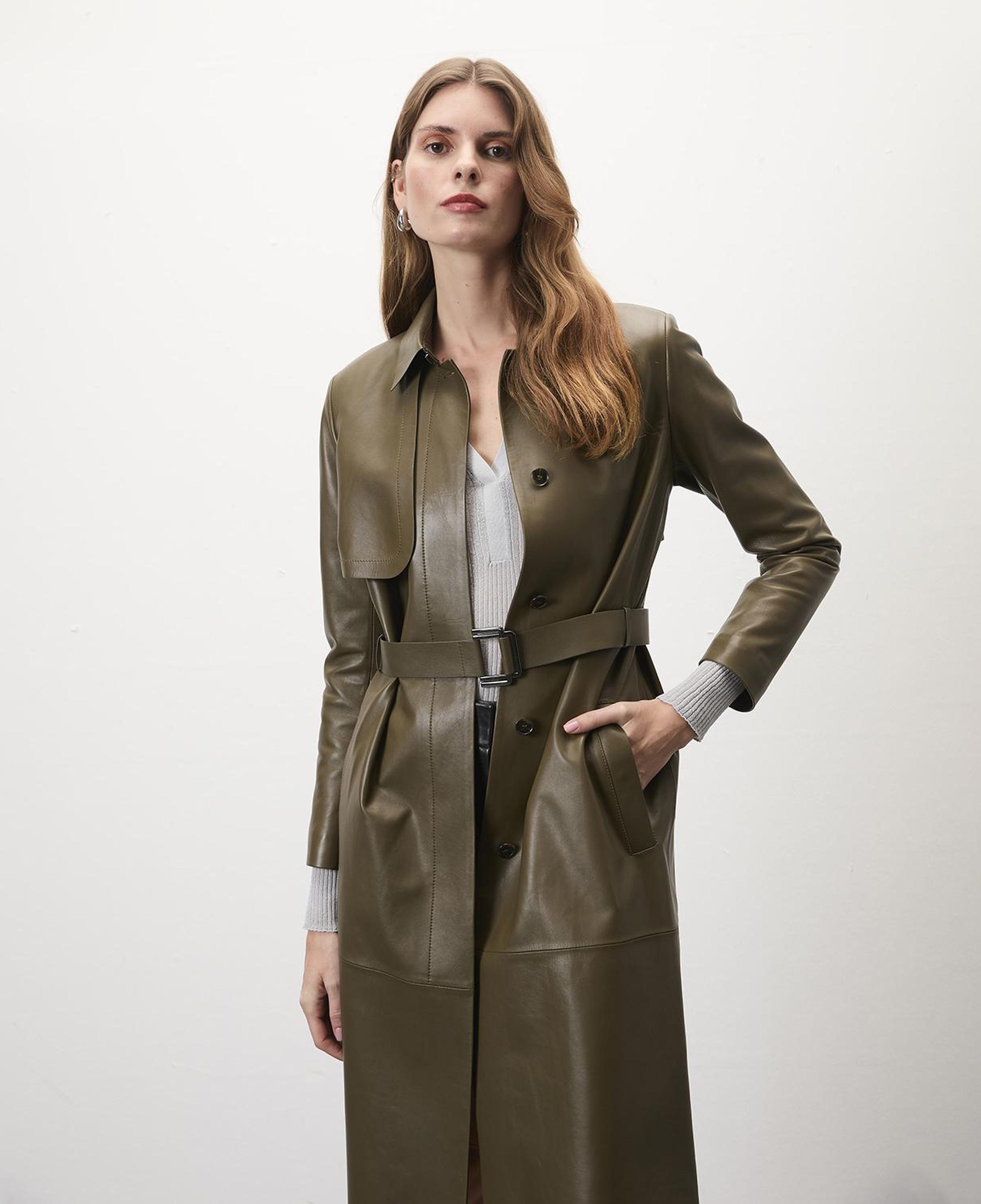 Kadın Haki Uzun Gömlek Yaka Deri Trençkot