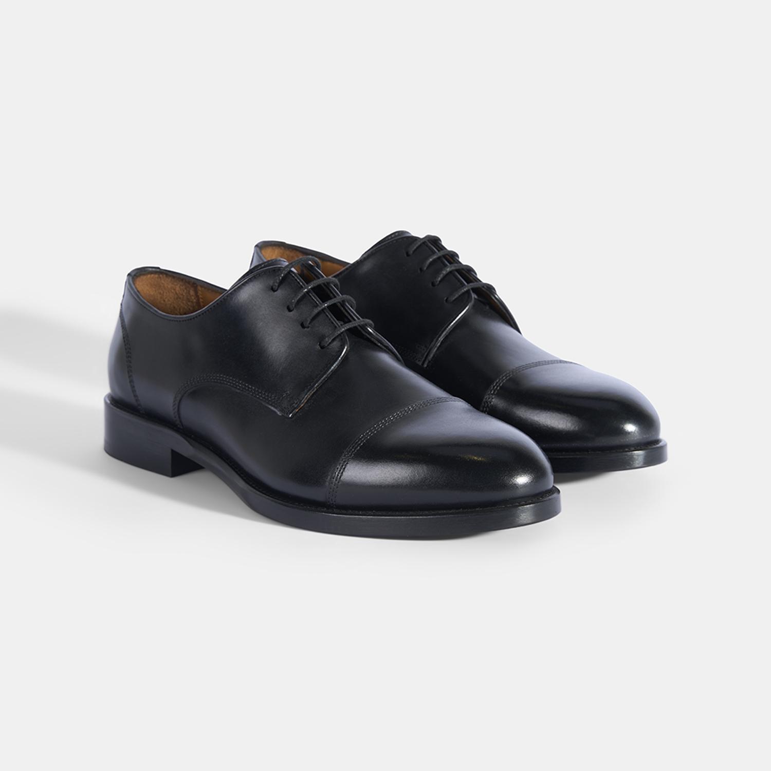 Erkek Siyah Bağcıklı Dikiş Detaylı Klasik Deri Ayakkabı