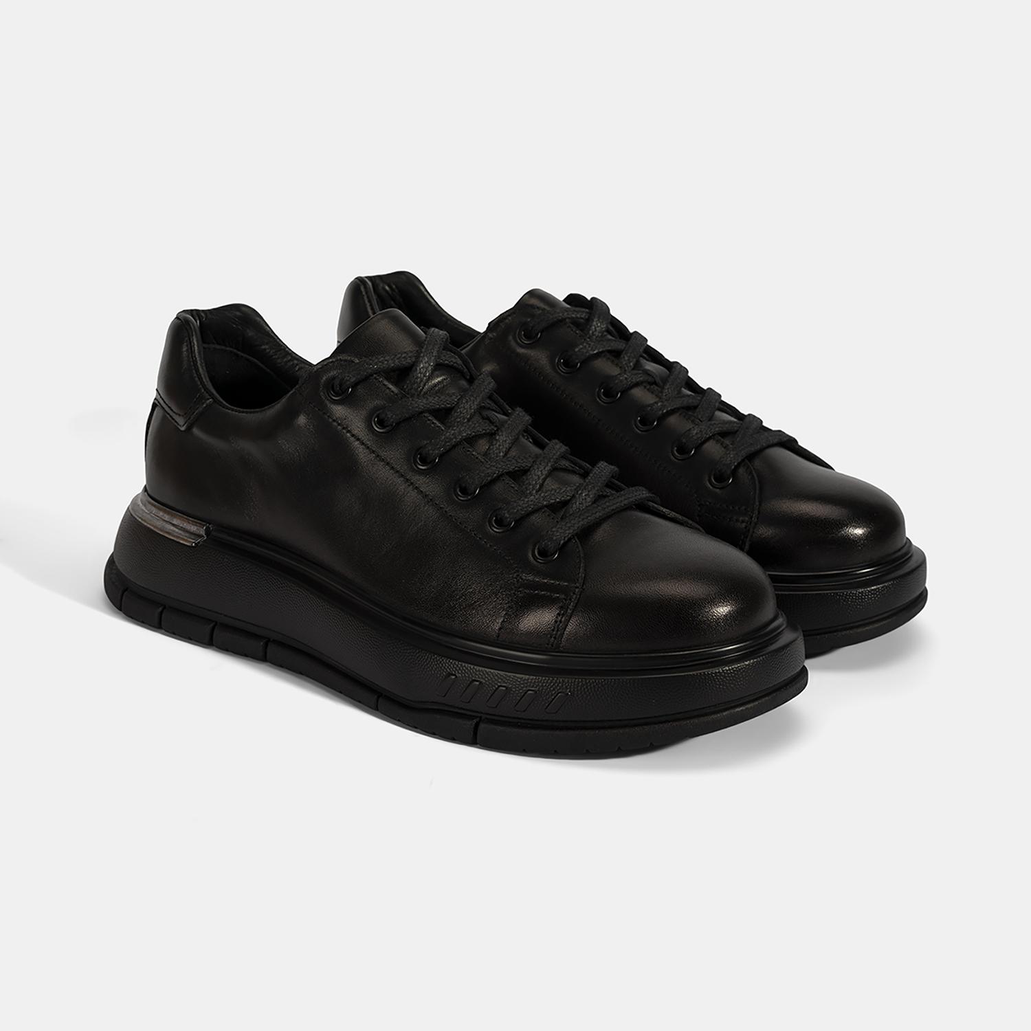 Erkek Siyah Bağcıklı Kalın Tabanlı Deri Ayakkabı