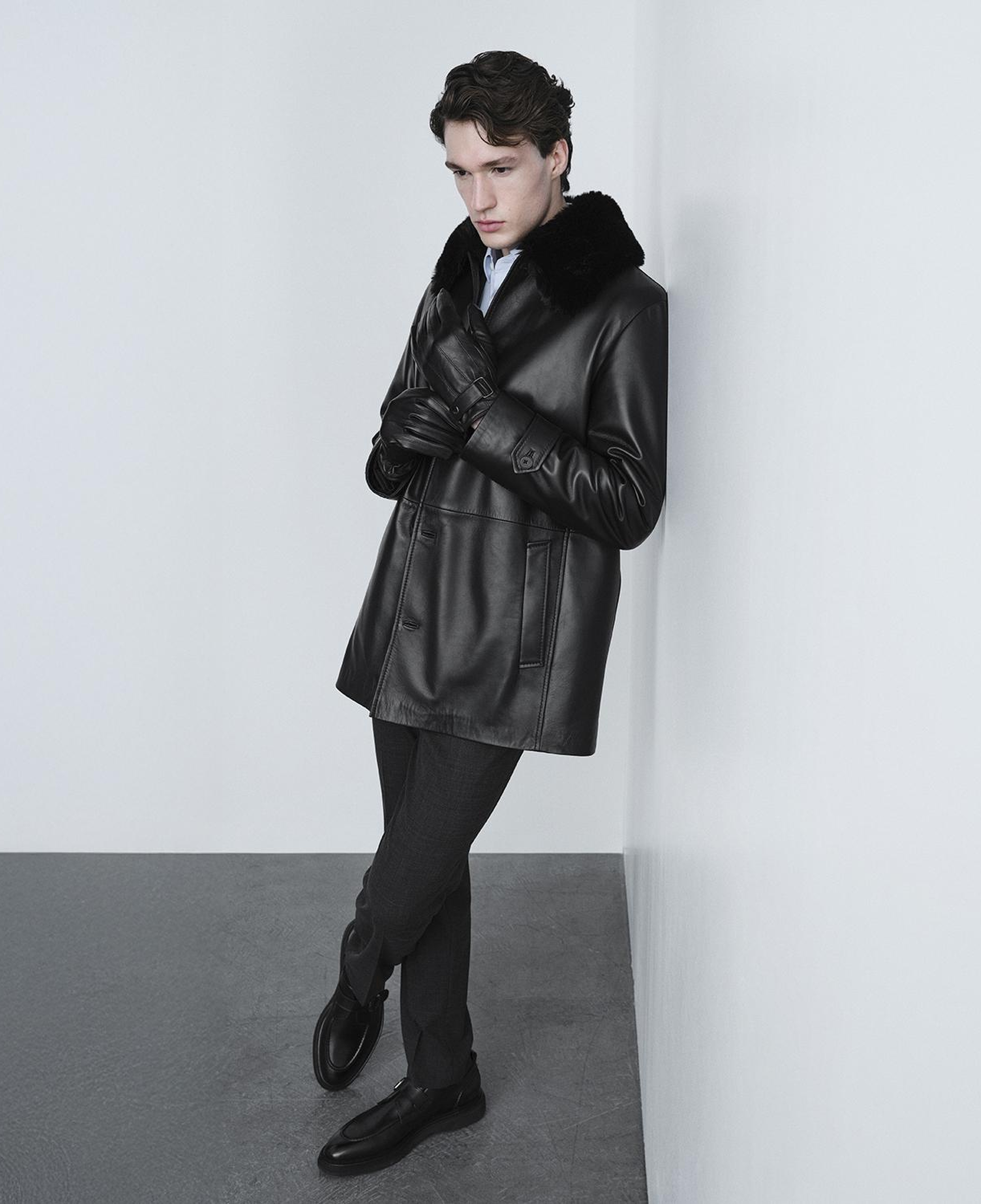 Erkek Siyah Gömlek Yakalı Deri Kaban