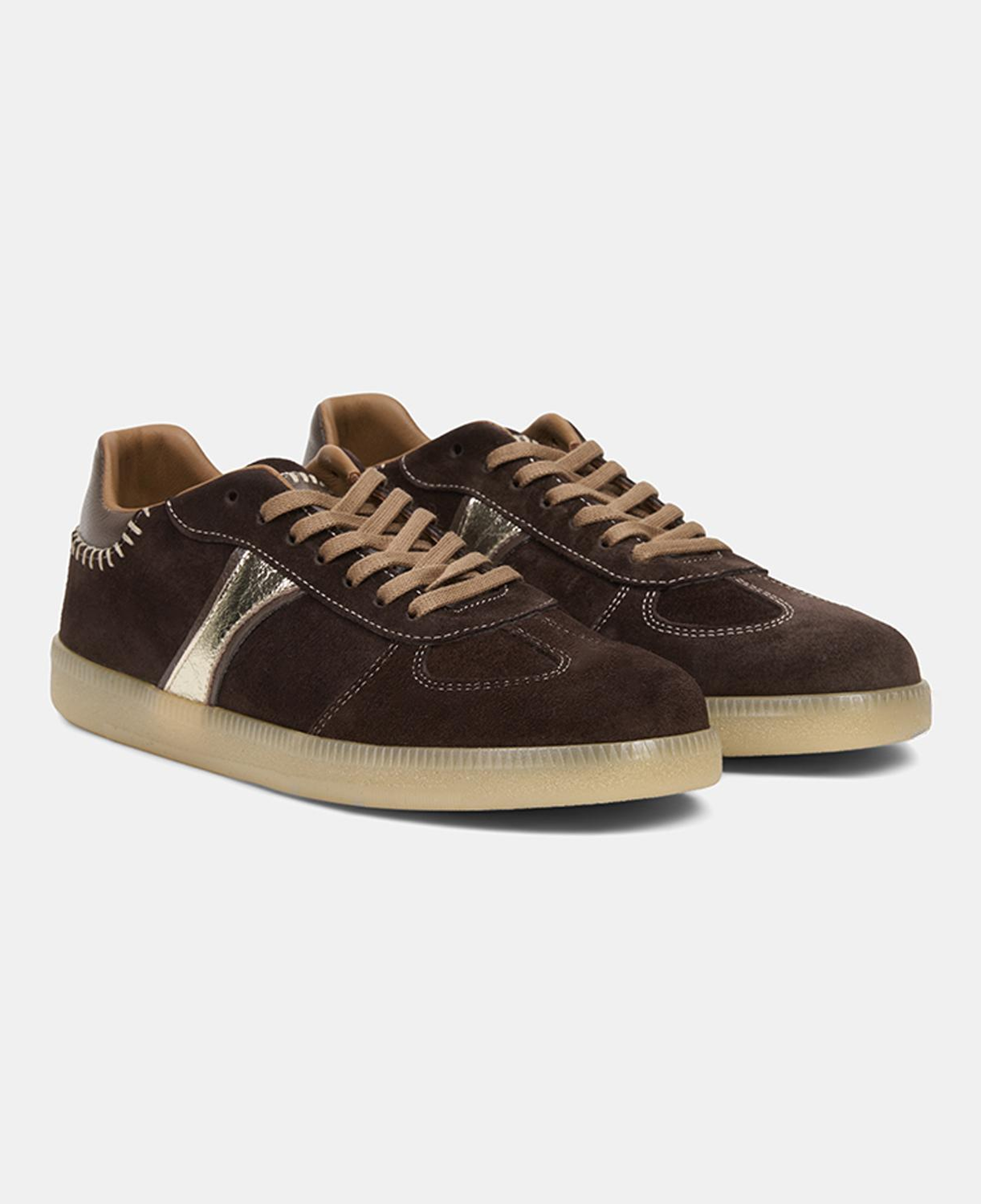 Kadın Kahve Bağcıklı Metalik Şerit Detaylı Süet Sneaker