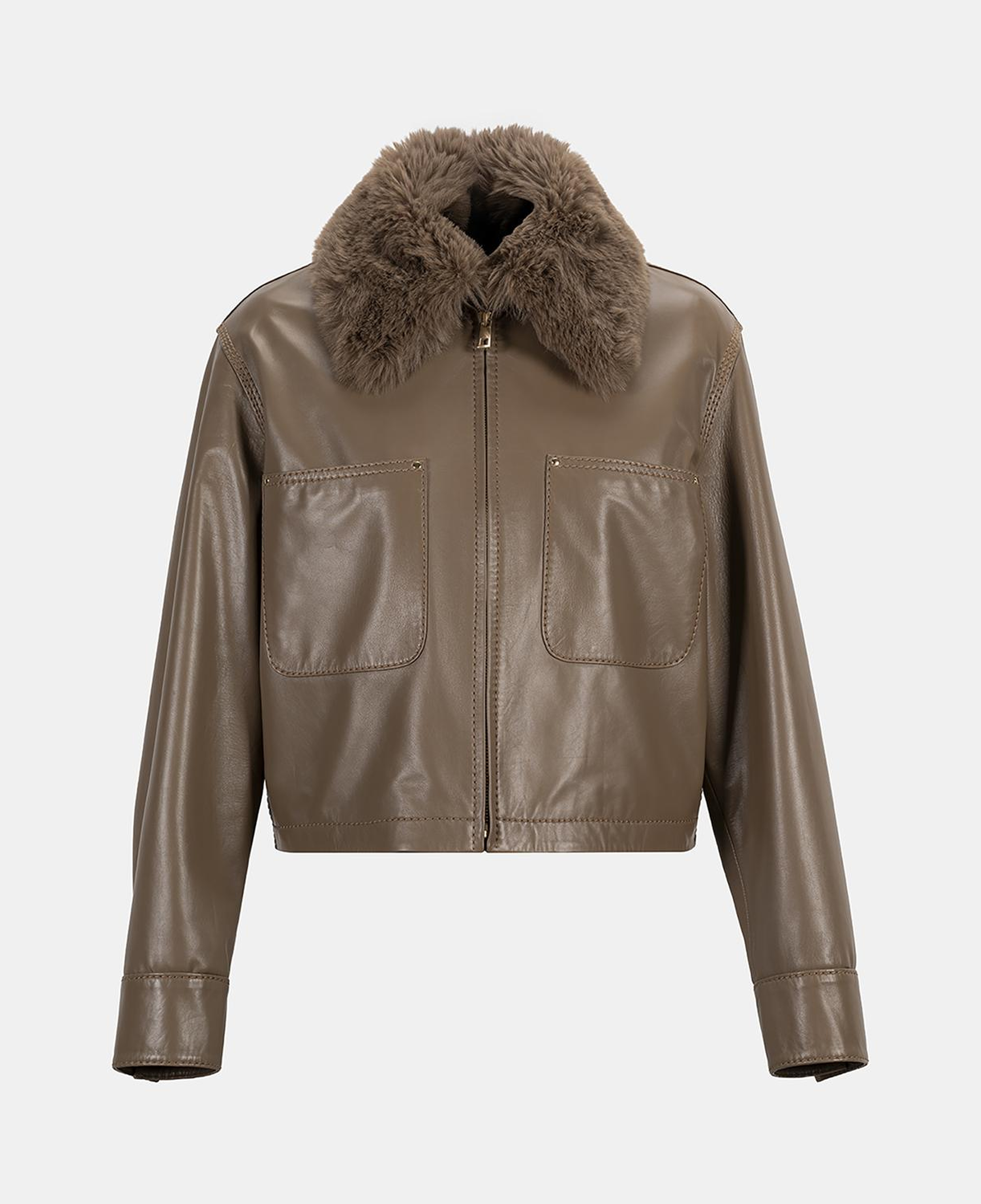 Kadın Kahve Gömlek Yakalı Kısa Deri Ceket