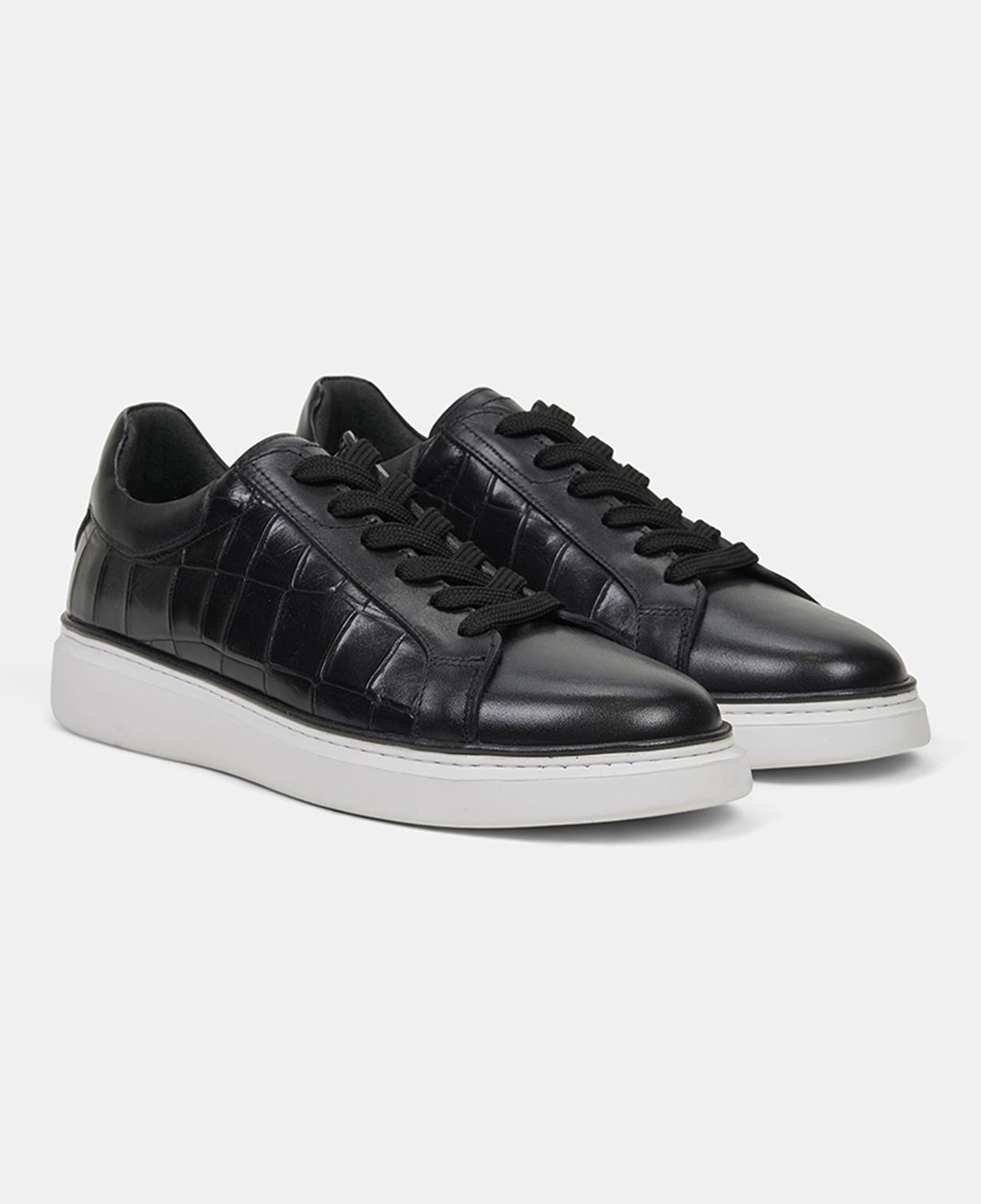 Erkek Siyah Bağcıklı Kroko Baskılı Deri Sneaker