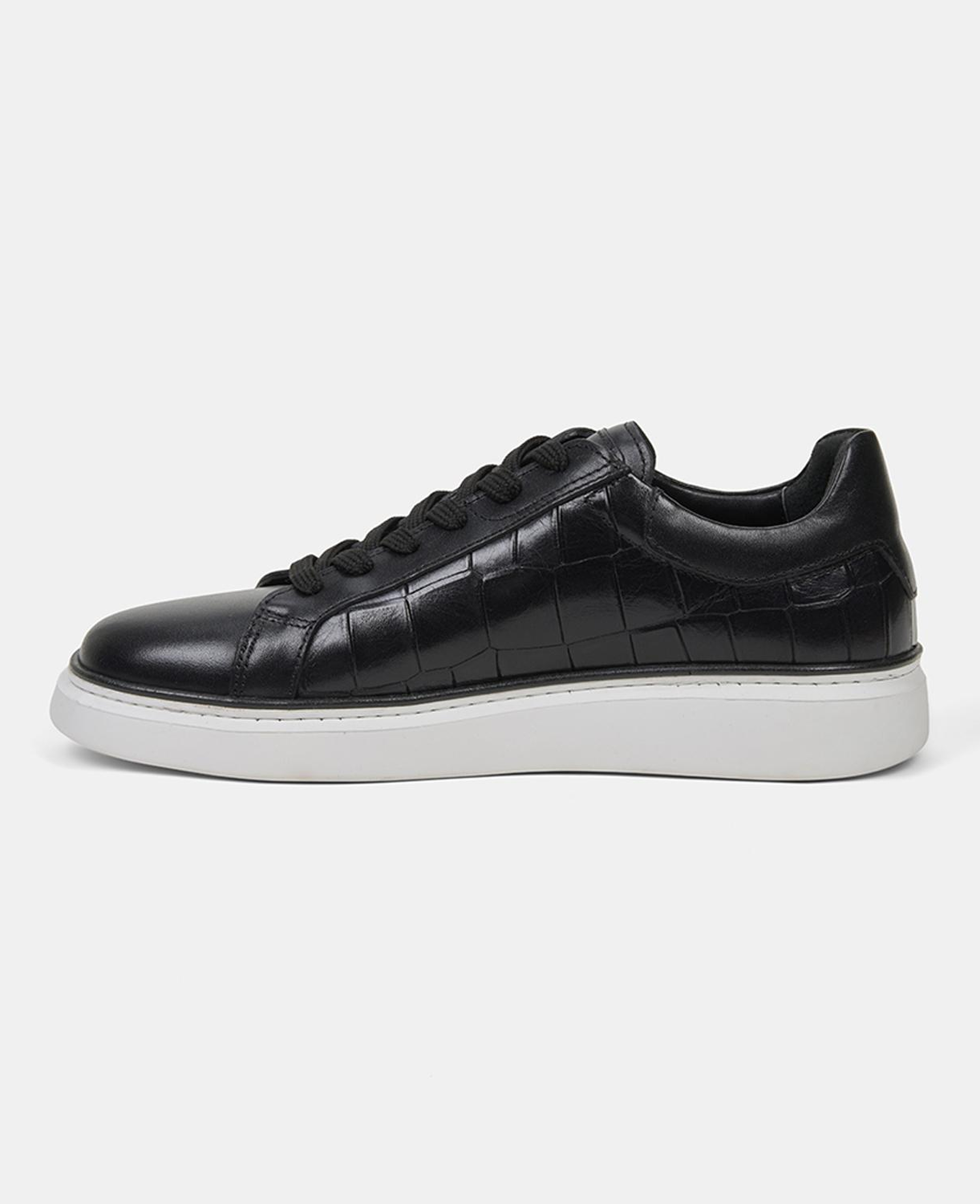Erkek Siyah Bağcıklı Kroko Baskılı Deri Sneaker