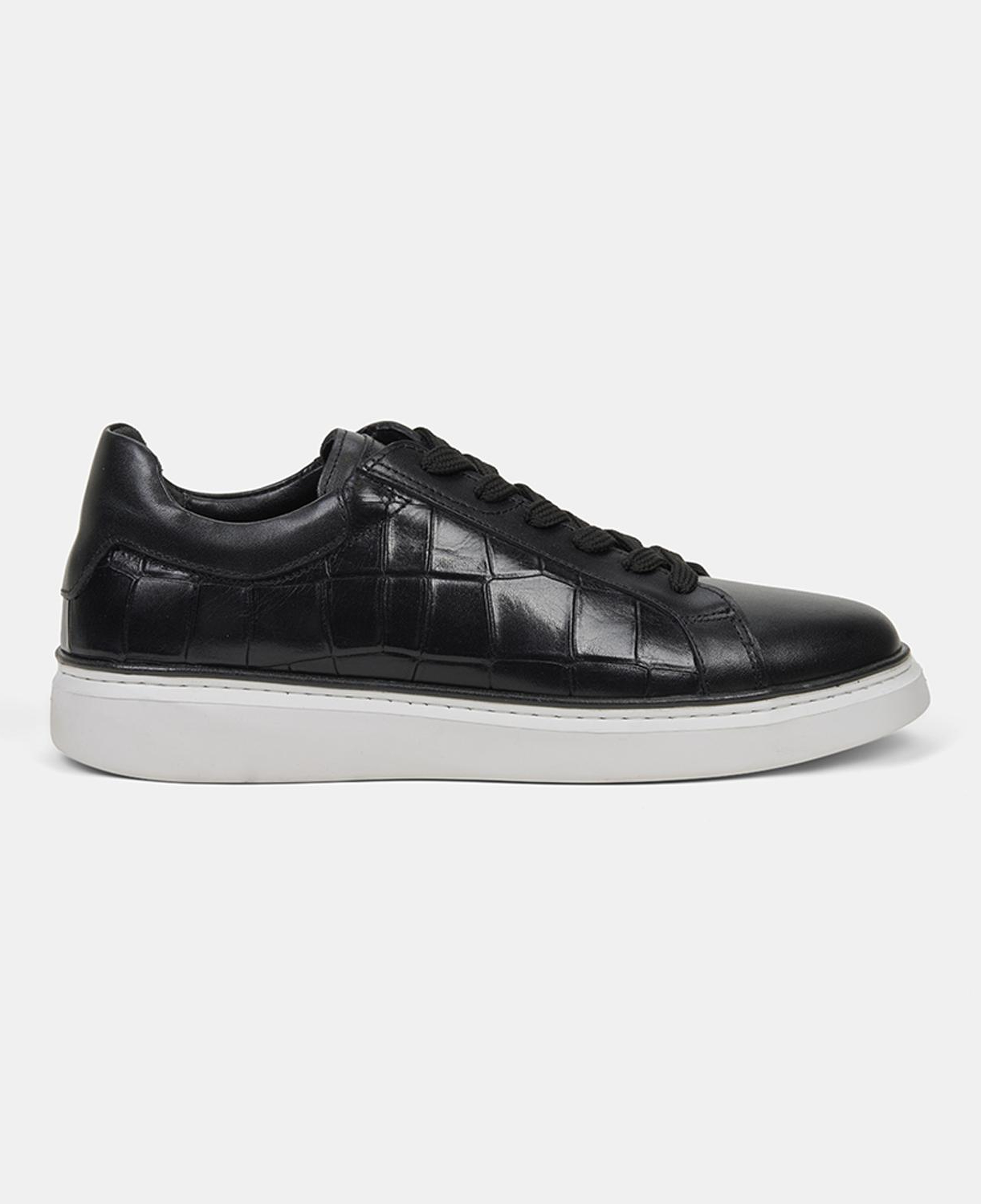 Erkek Siyah Bağcıklı Kroko Baskılı Deri Sneaker