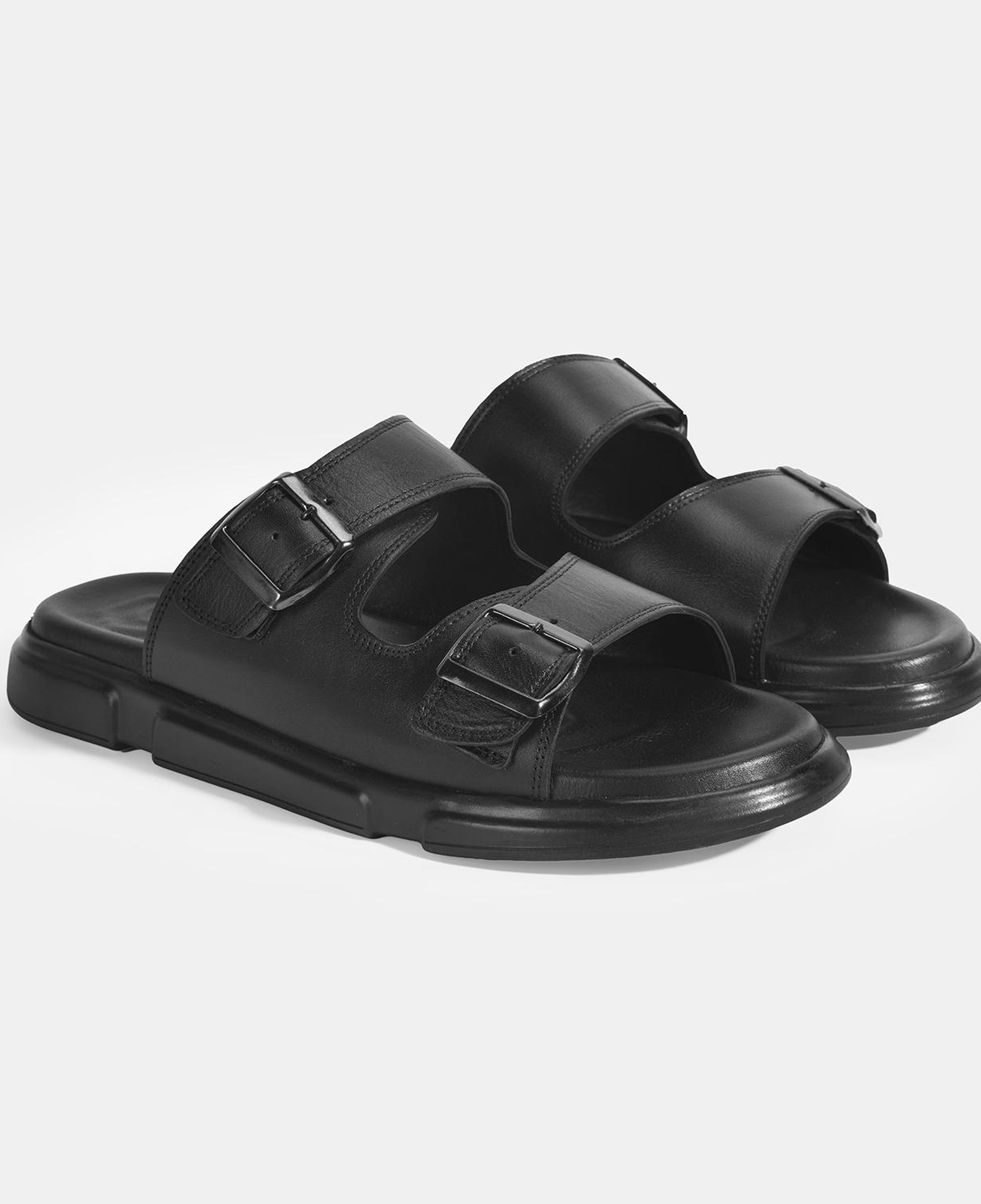 Erkek Siyah Ayarlanabilir Tokalı Deri Terlik