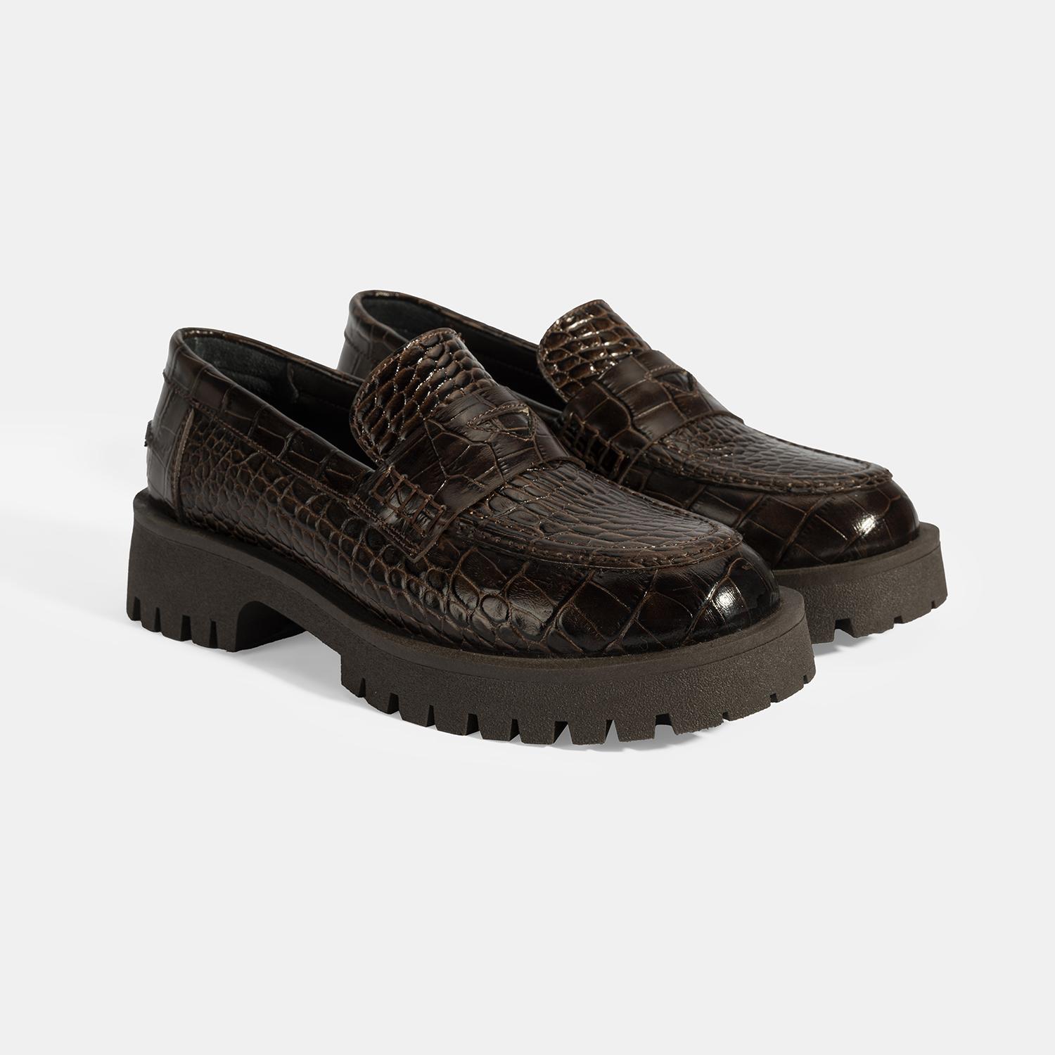 Kadın Kahve Kroko Basklı Deri Loafer