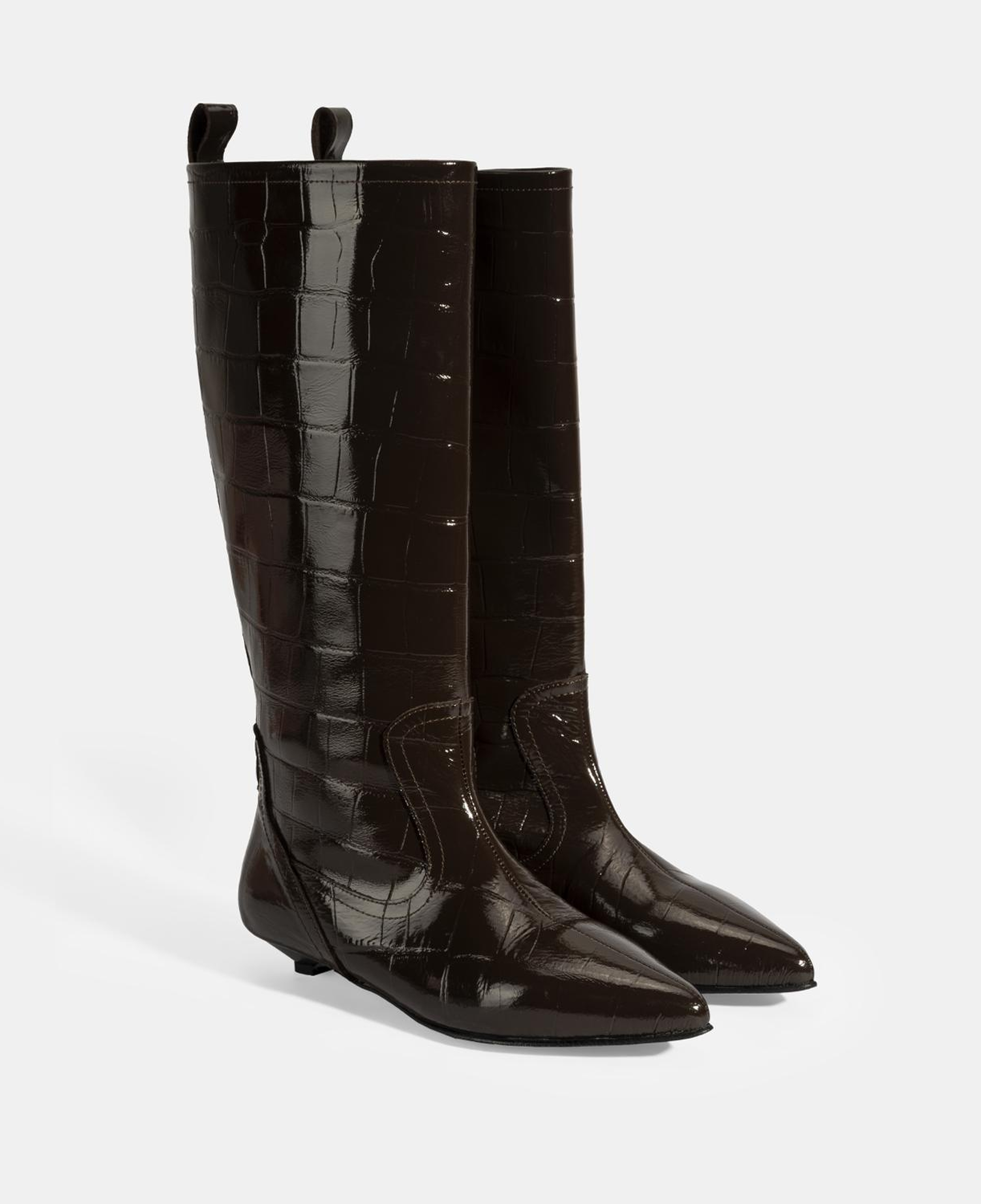 Kadın Kahve Kroko Baskılı İnce Topuklu Rugan Deri Çizme