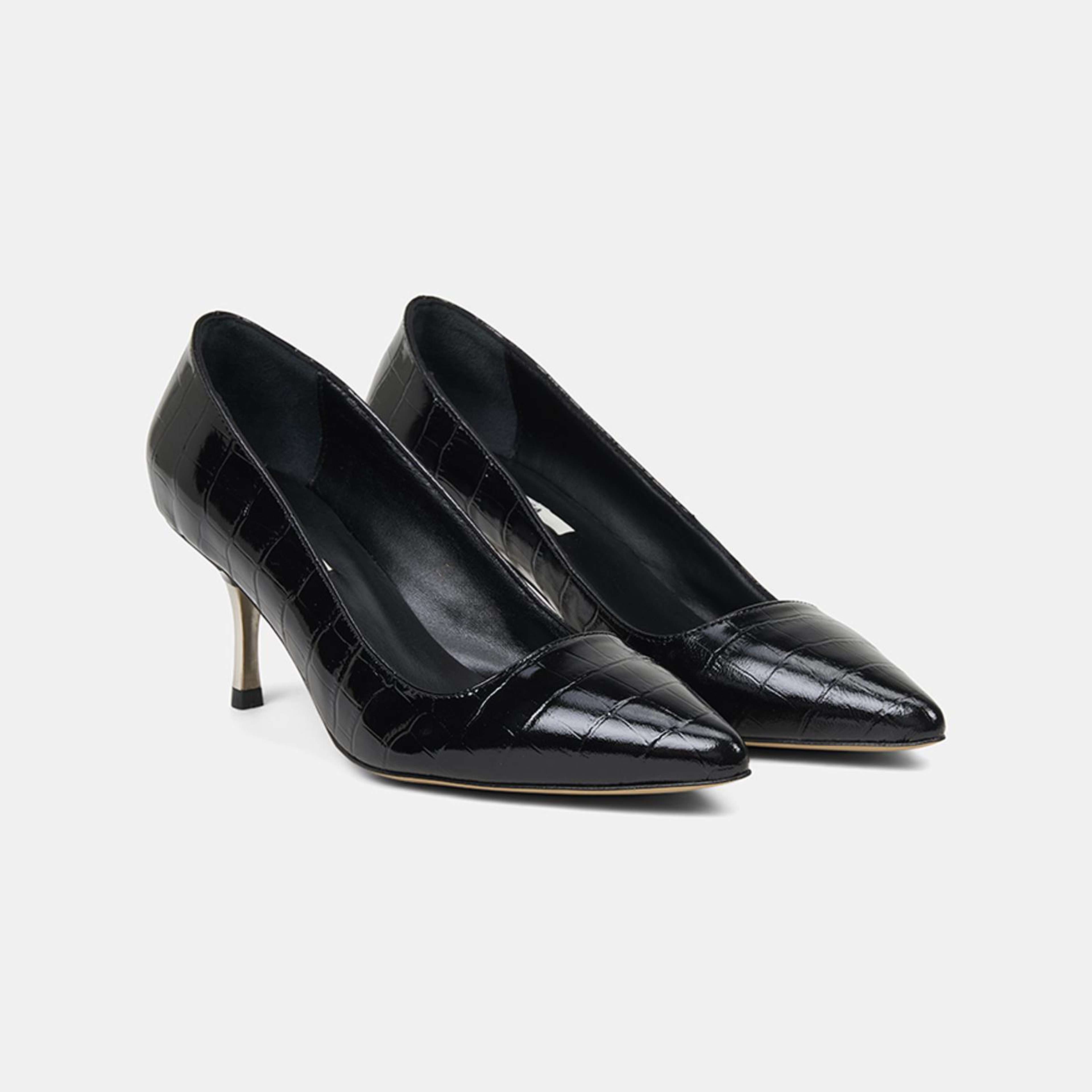 Kadın Siyah Kroko Baskılı Sivri Burunlu Deri Stiletto