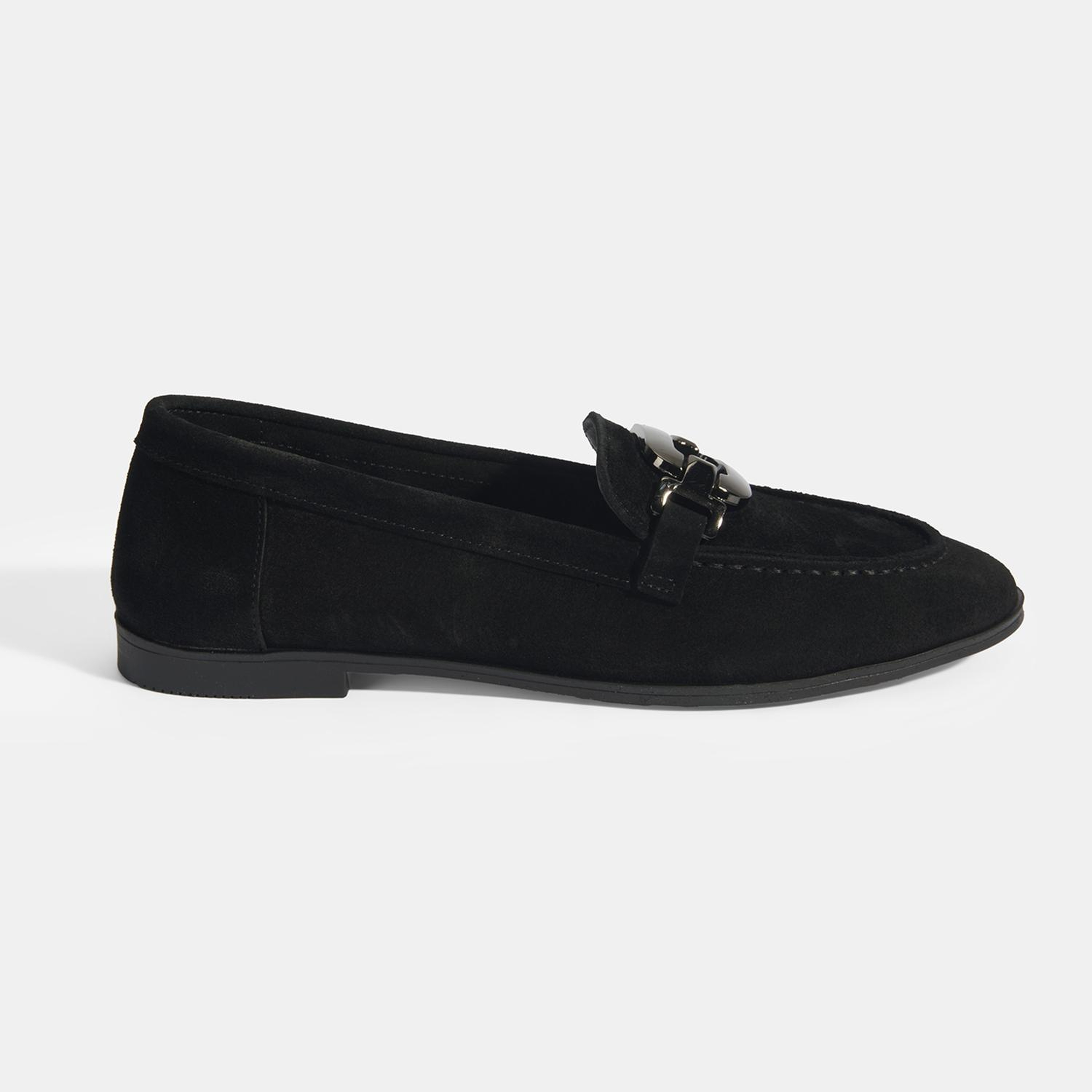 Kadın Siyah Metal Aksesuarlı Süet Loafer