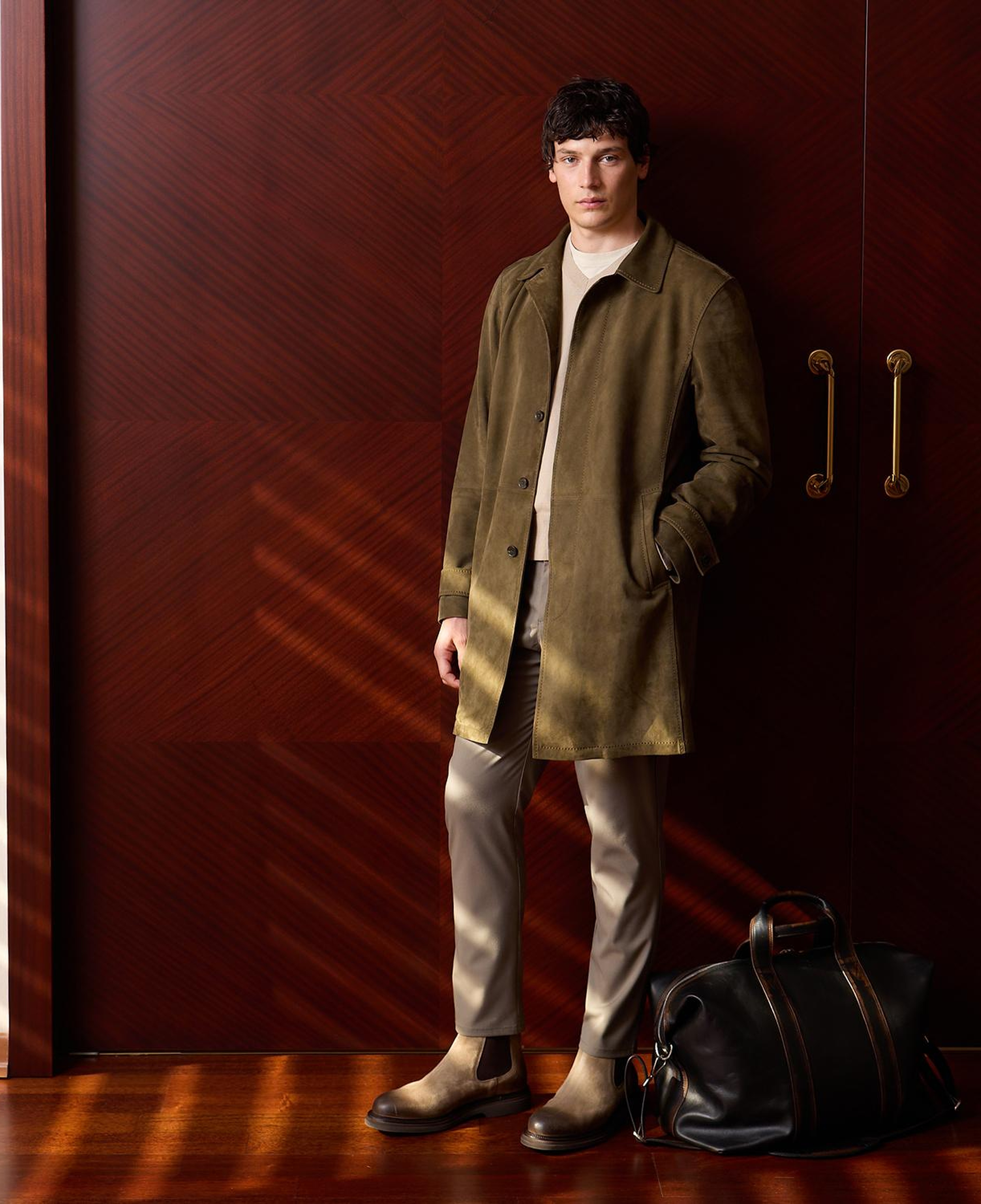 Erkek Haki Gömlek Yakalı Düğmeli Süet Deri Ceket