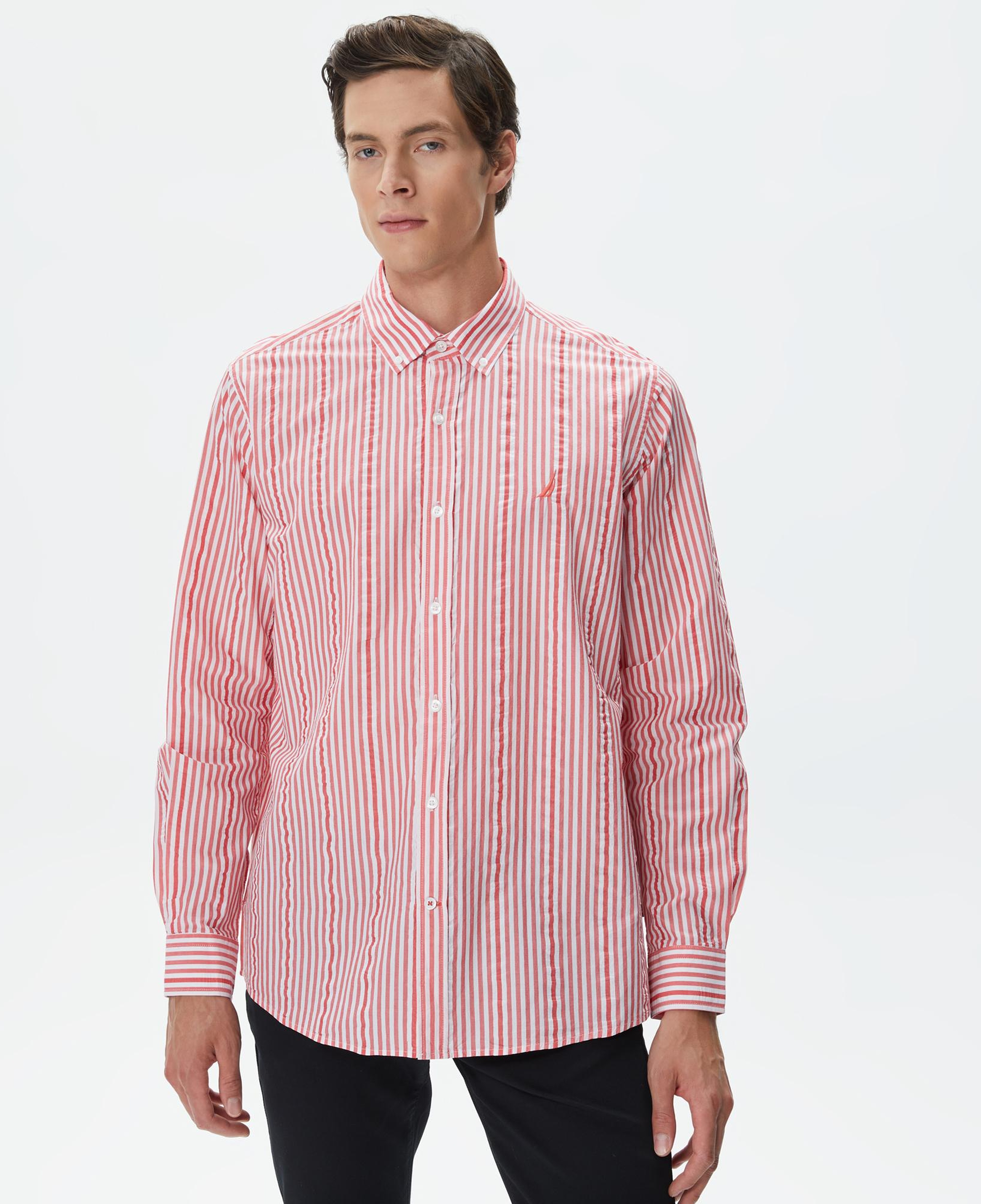 Nautica Erkek Kırmızı Classic Fit Uzun Kollu Çizgili Gömlek