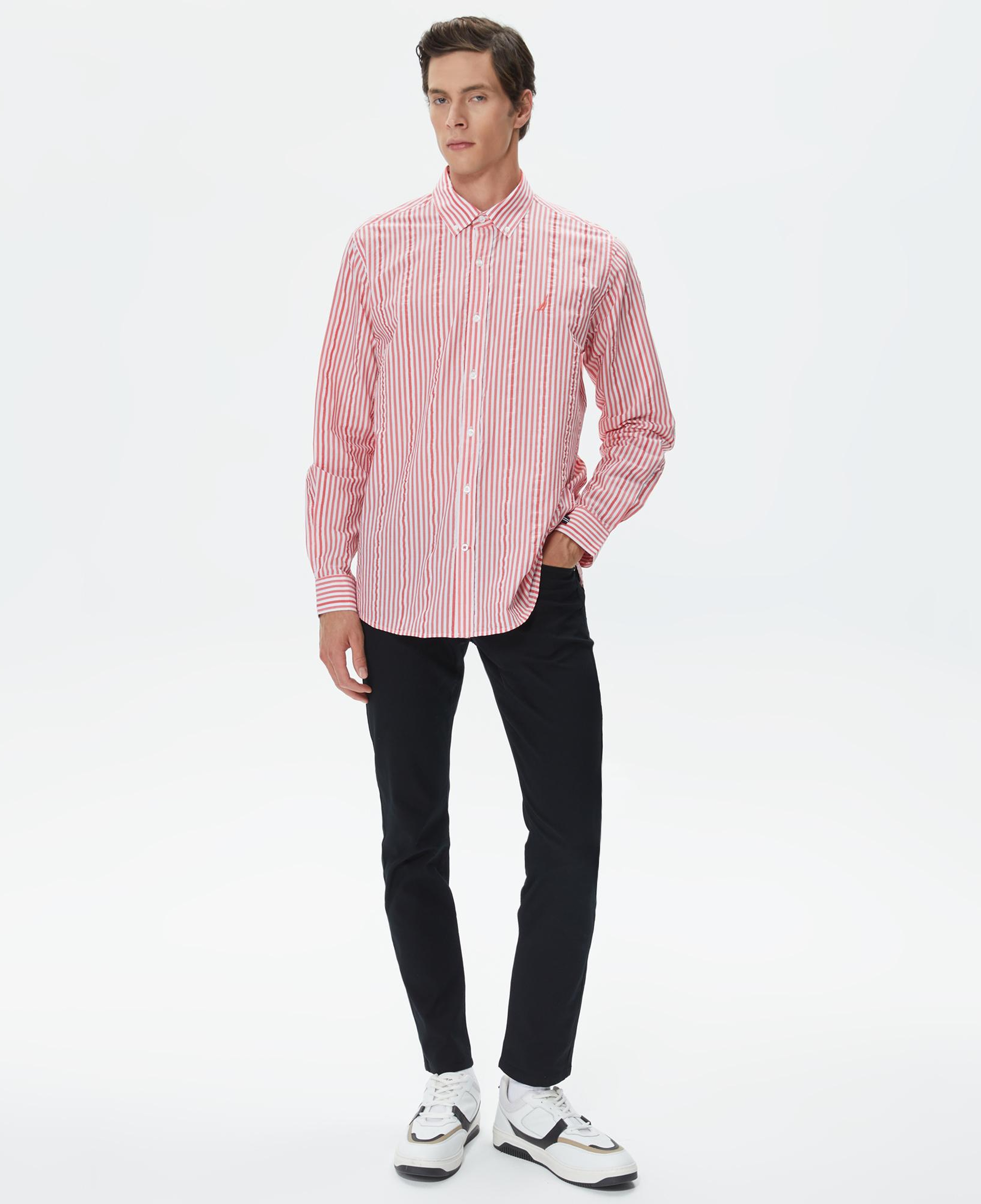 Nautica Erkek Kırmızı Classic Fit Uzun Kollu Çizgili Gömlek