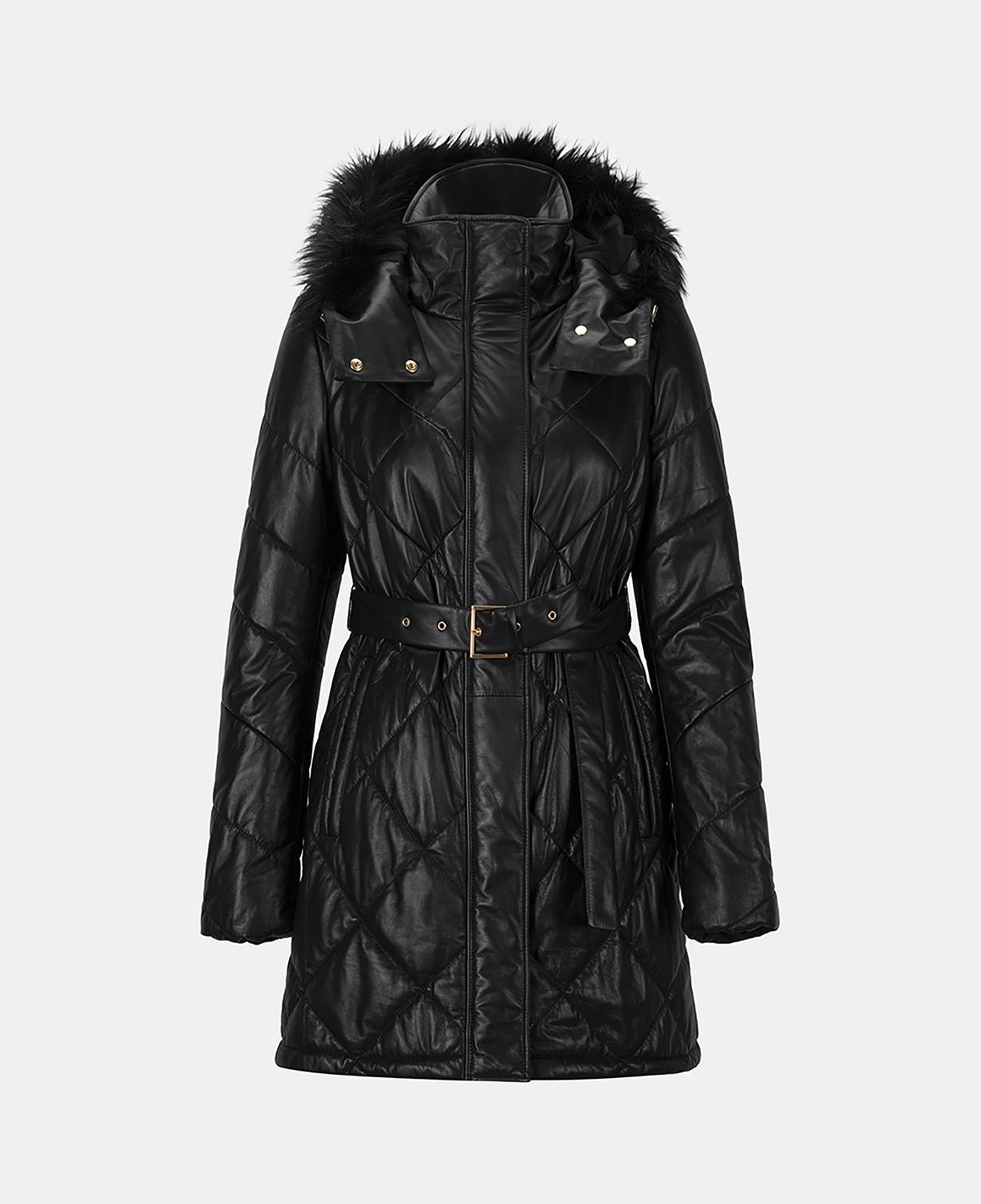 Kadın Siyah Hakim Yakalı Kapüşonlu Deri Mont