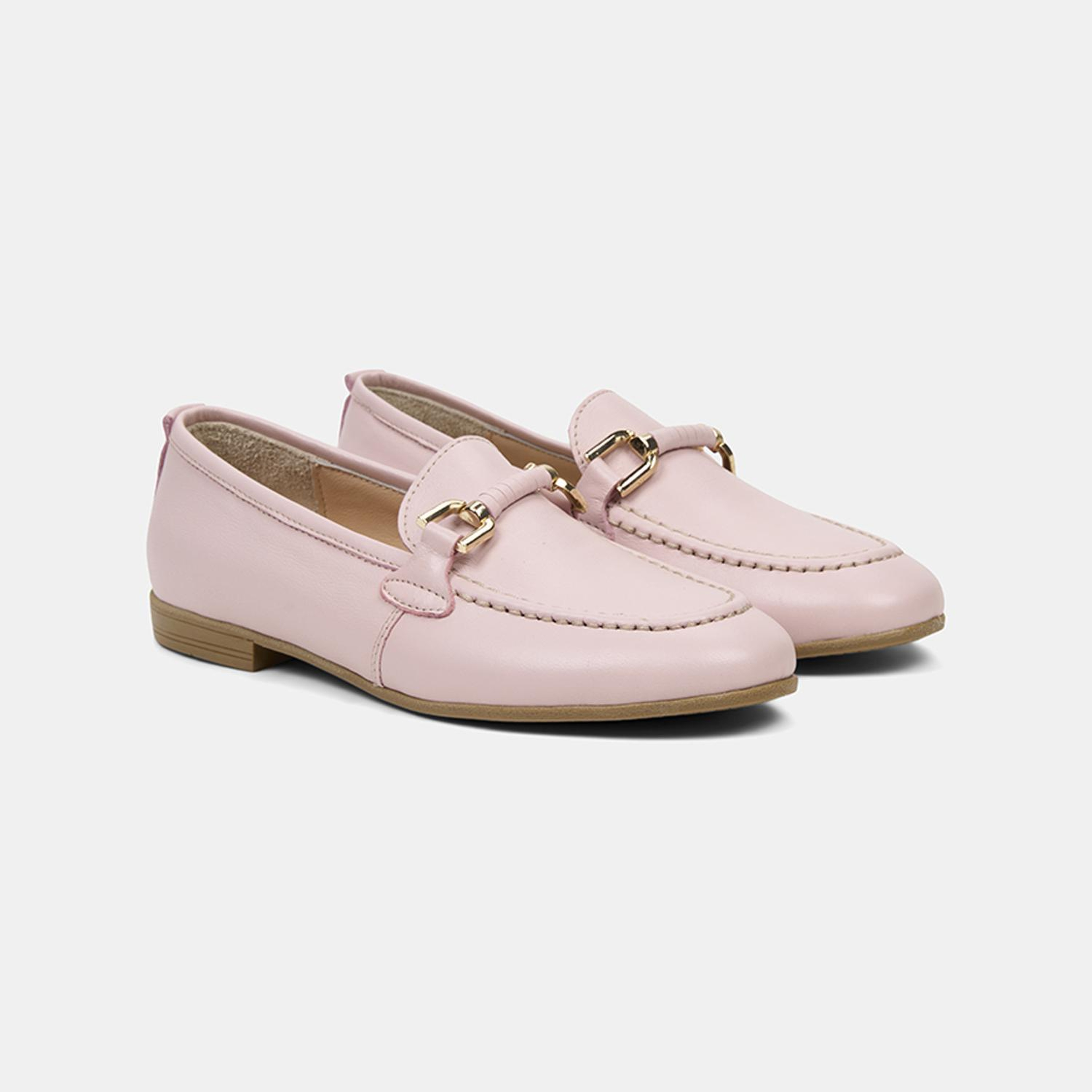 Kadın Pembe Metal Gold Toka Aksesuarlı Deri Loafer