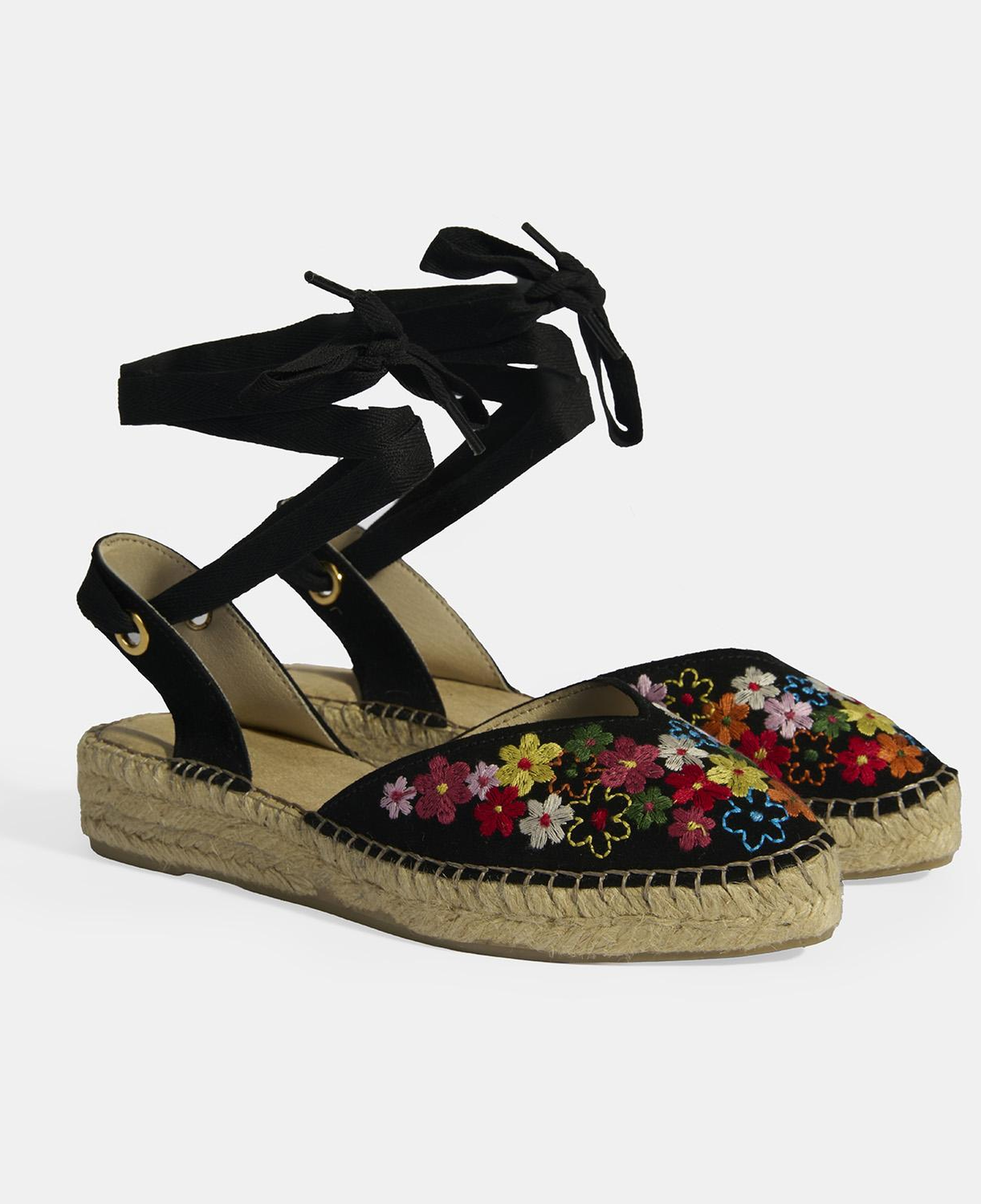 Limited Edition Siyah Kadın Çiçek Nakışlı Jüt Bağcıklı Slingback Espadril