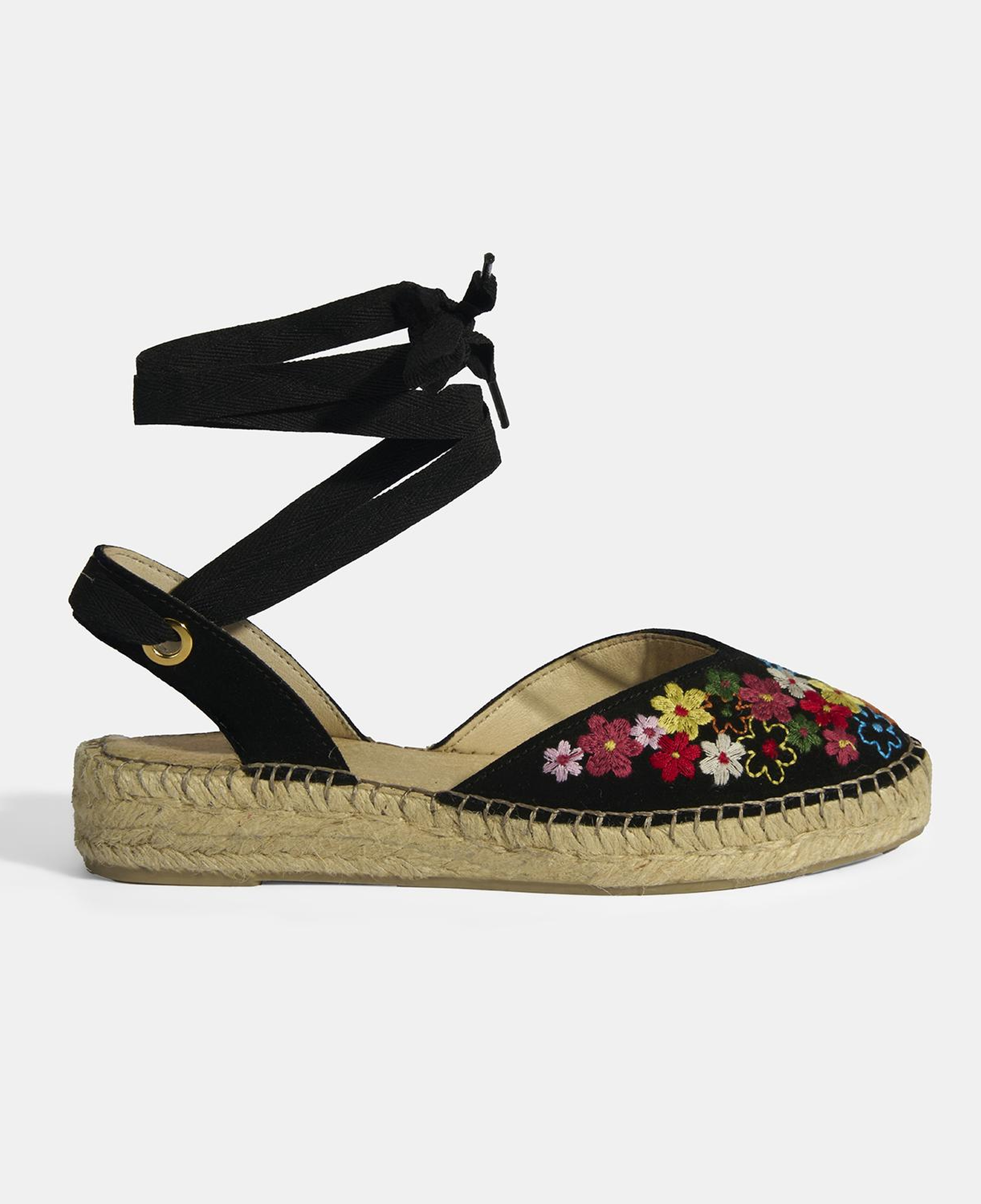 Limited Edition Siyah Kadın Çiçek Nakışlı Jüt Bağcıklı Slingback Espadril