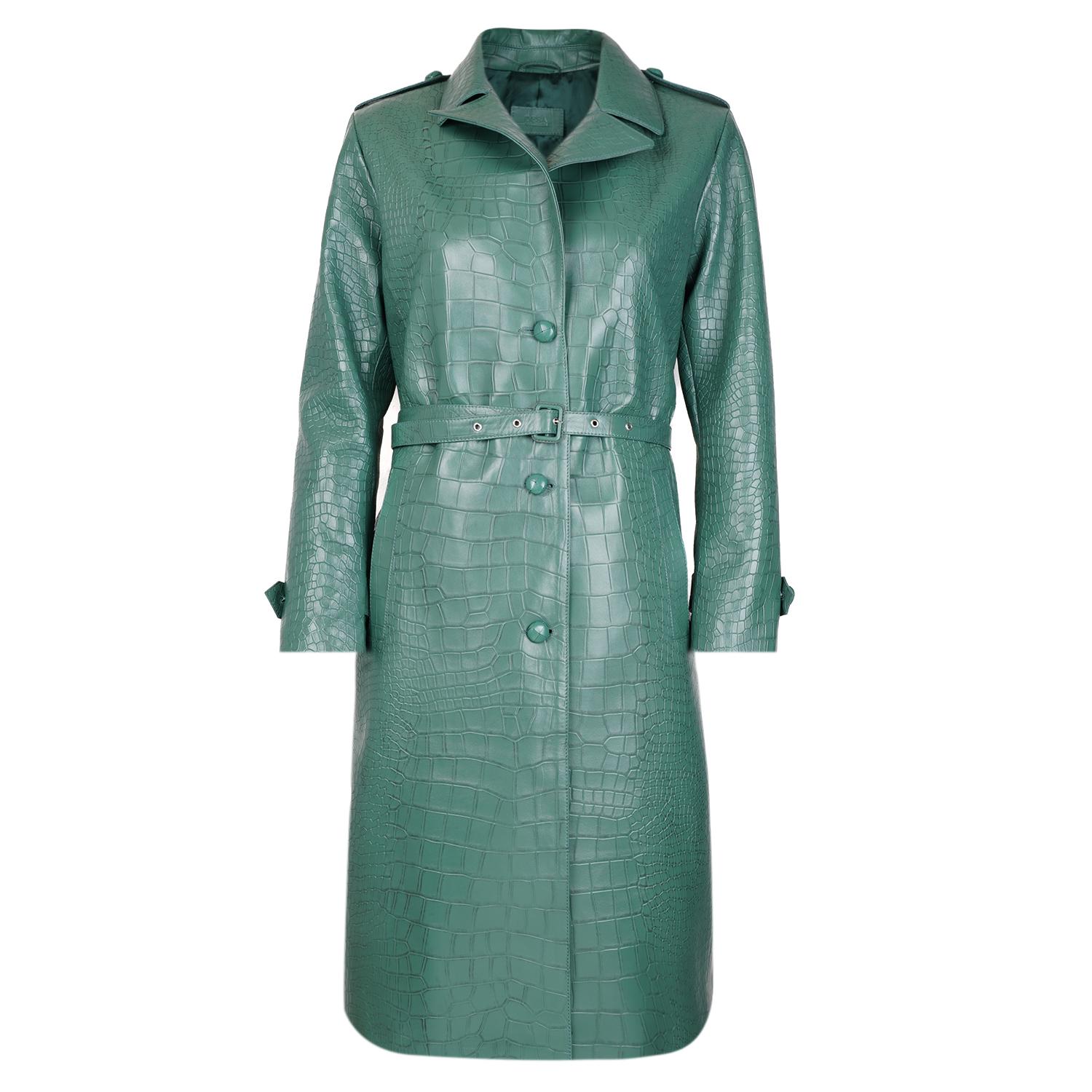 Briona Yeşil Kadın Kroko Baskılı Deri Trençkot