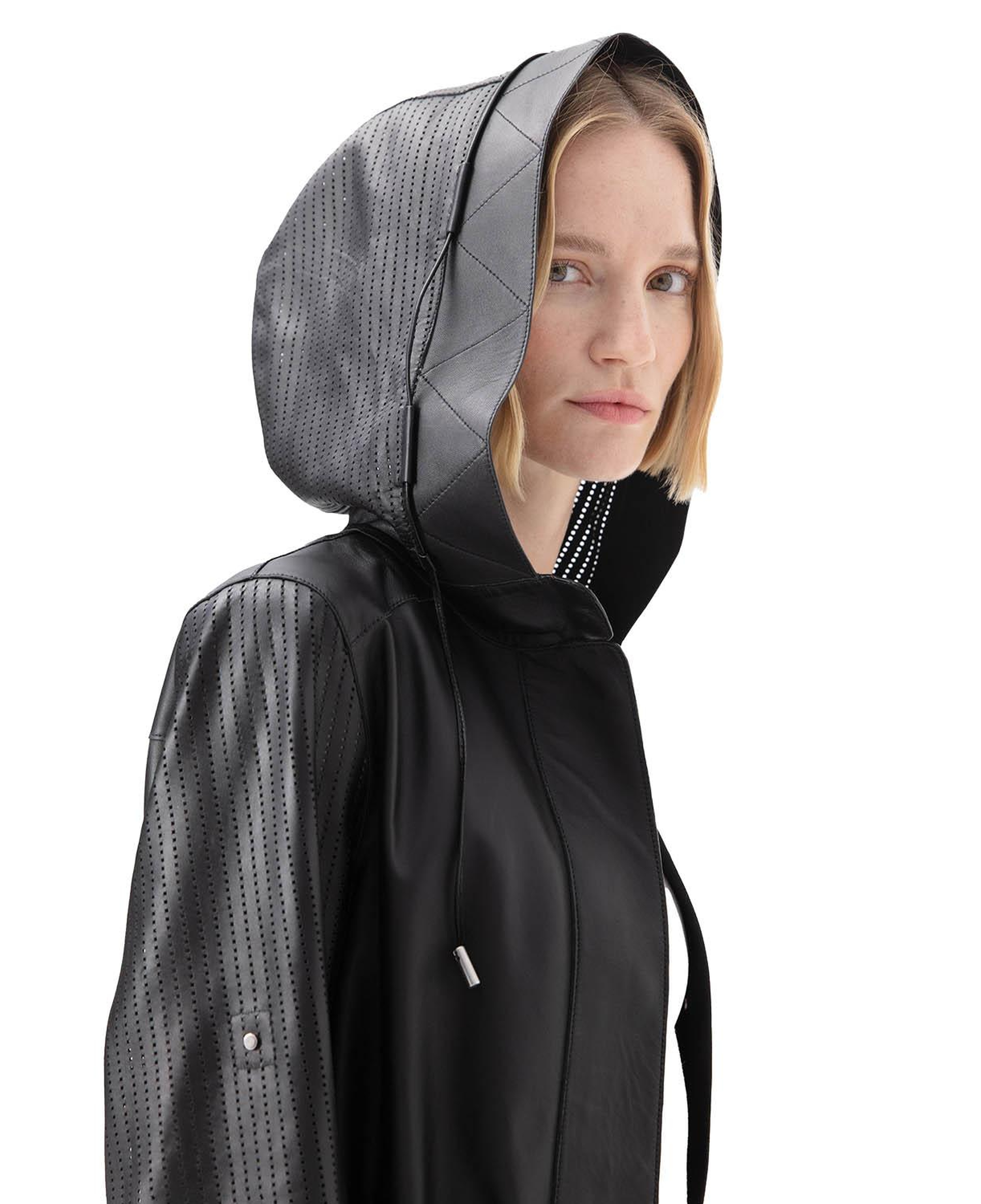 Aldabella Siyah Kadın Perforeli Deri Pardösü