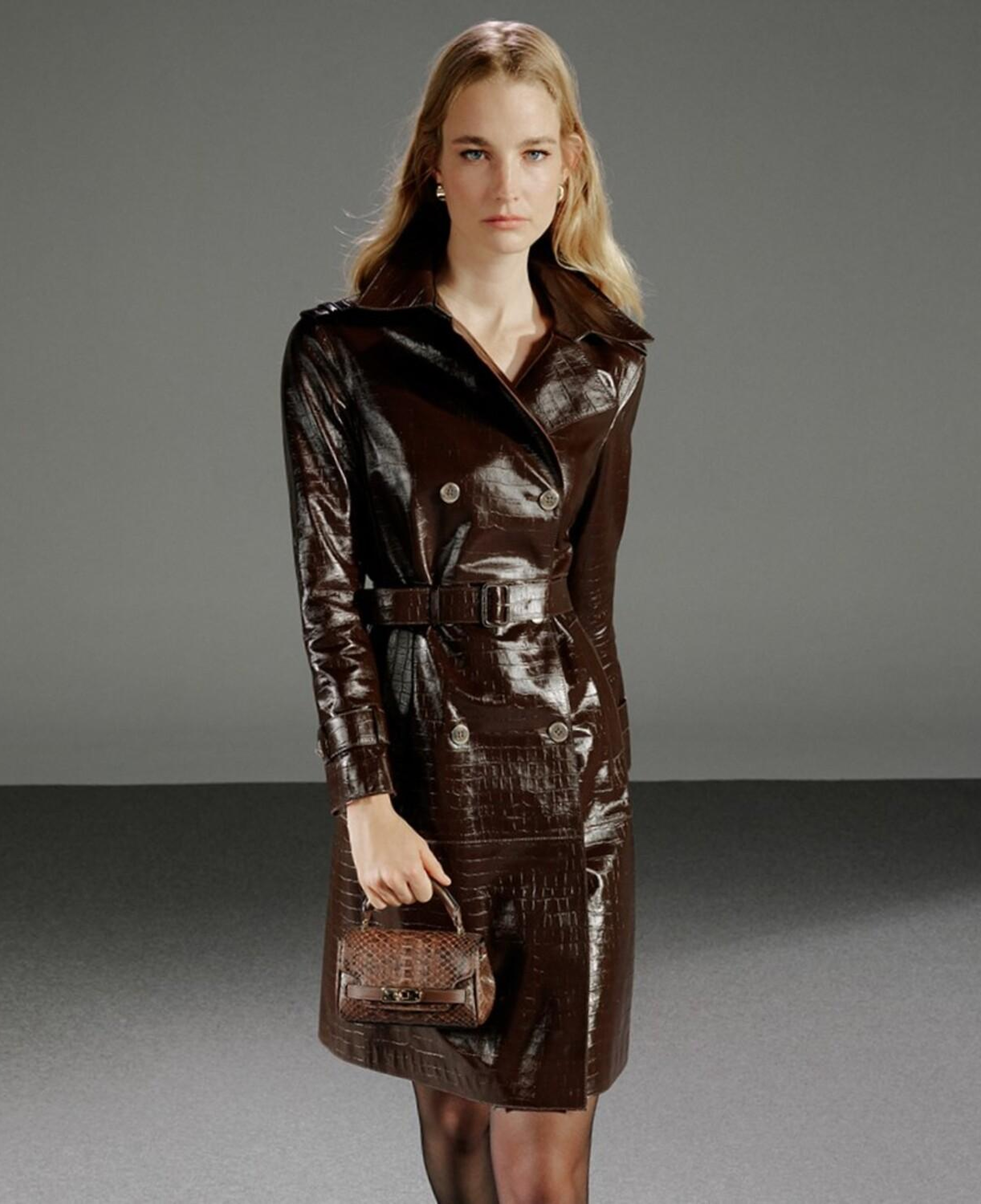 Kadın Kahve Kroko Baskılı Deri Trençkot