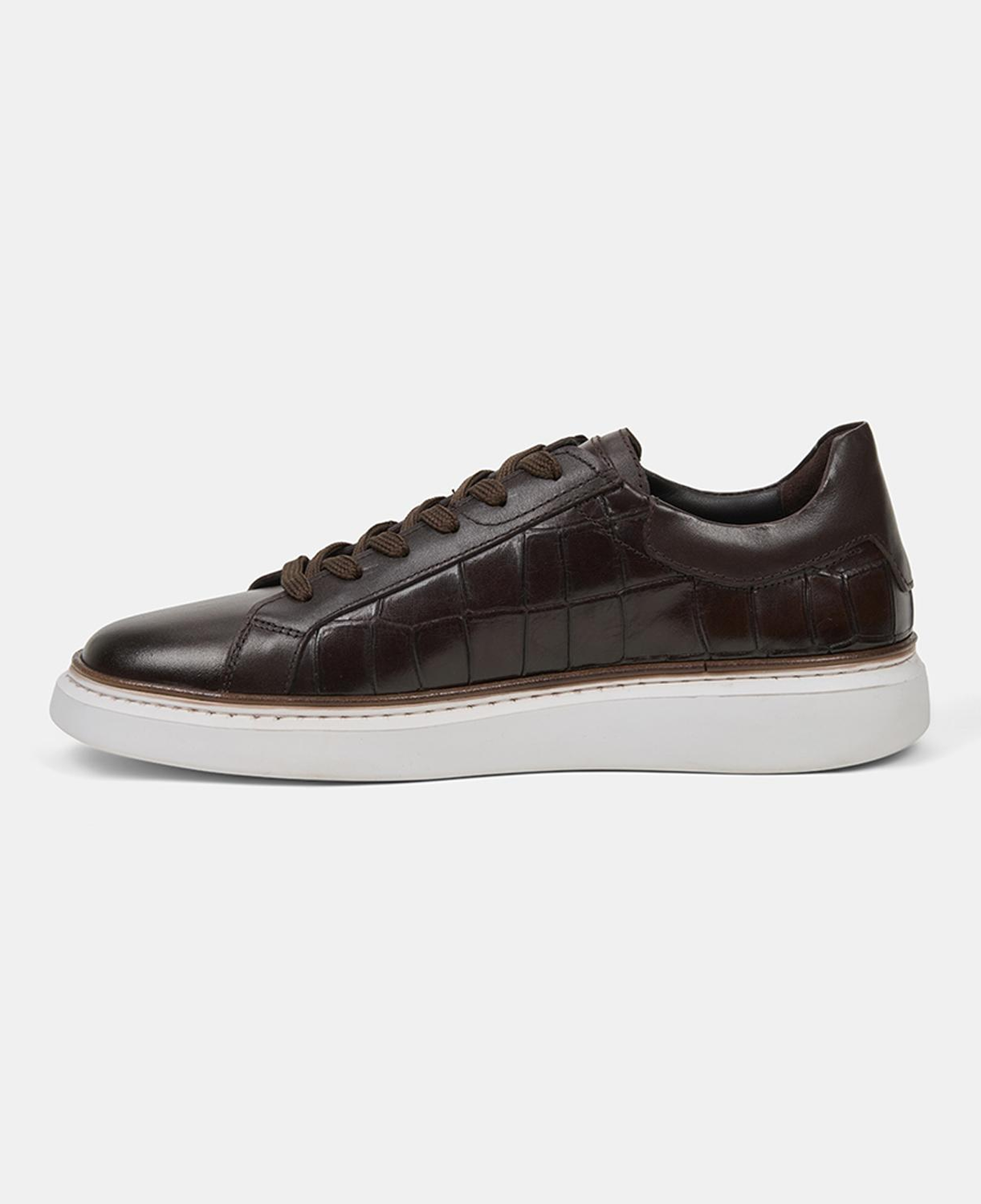 Erkek Kahve Bağcıklı Kroko Baskılı Deri Sneaker