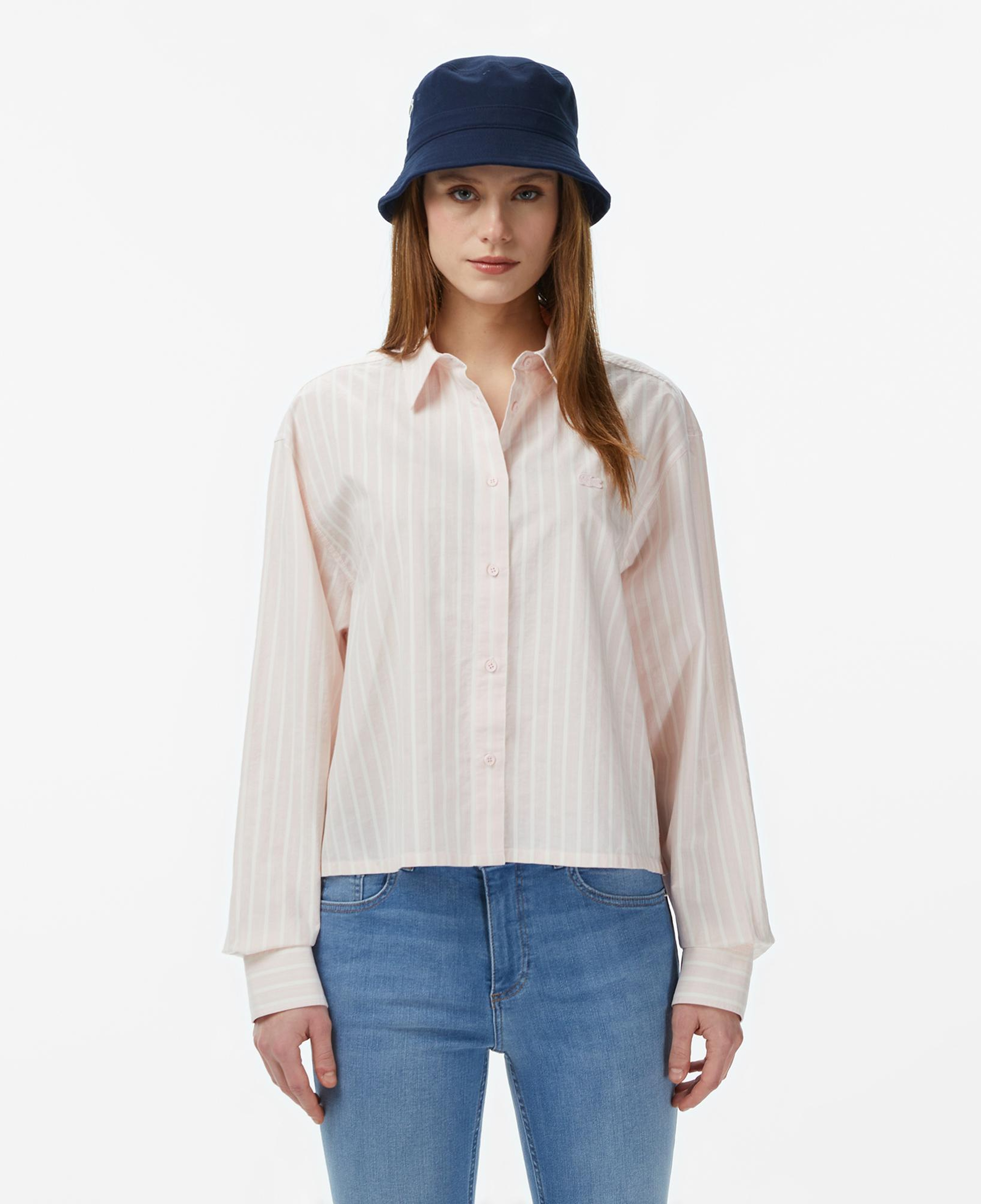 Lacoste Kadın Relaxed Fit Düğmeli Yaka Çizgili Açık Pembe Gömlek