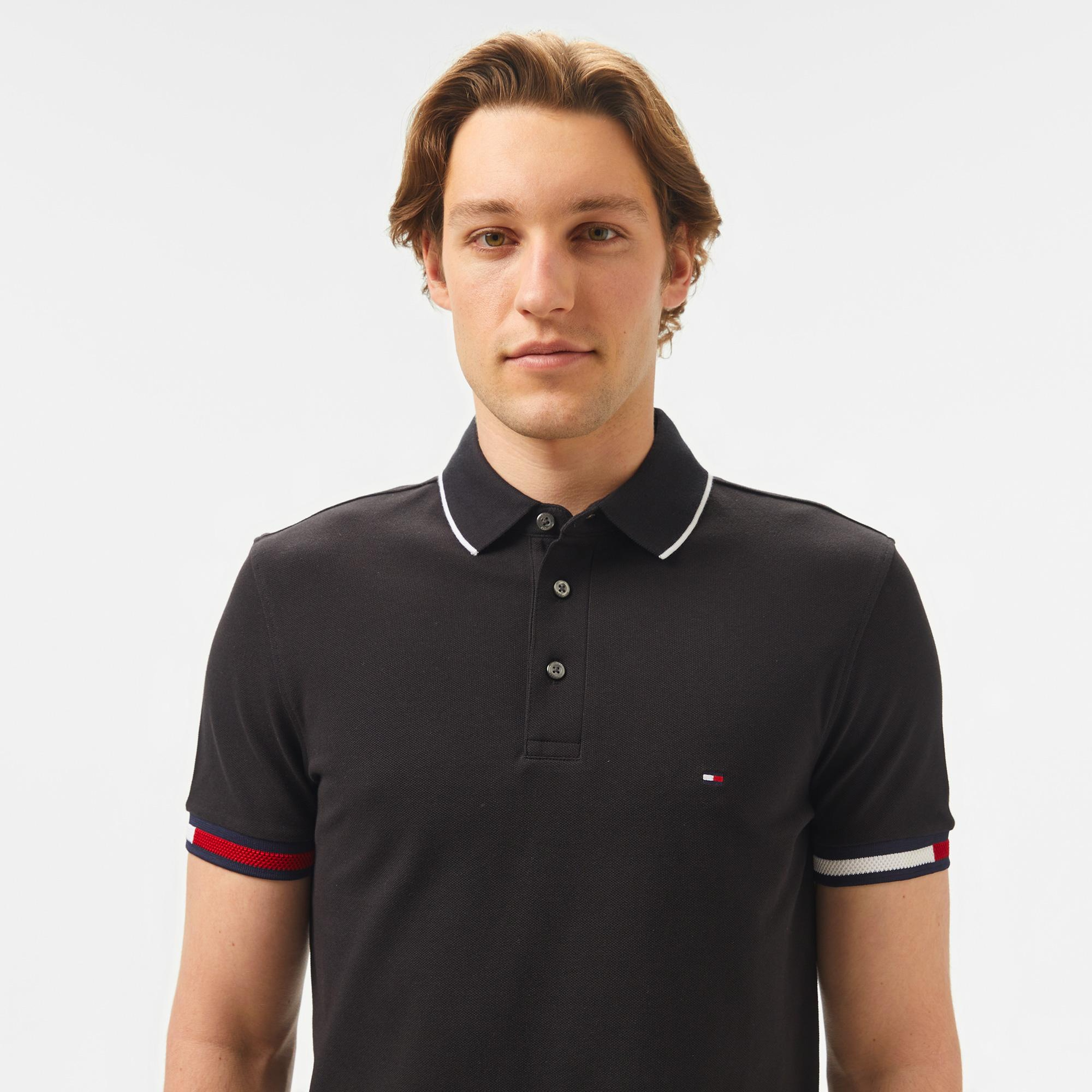 Tommy Hilfiger Flag Cuff Slim Fit Erkek Siyah Polo