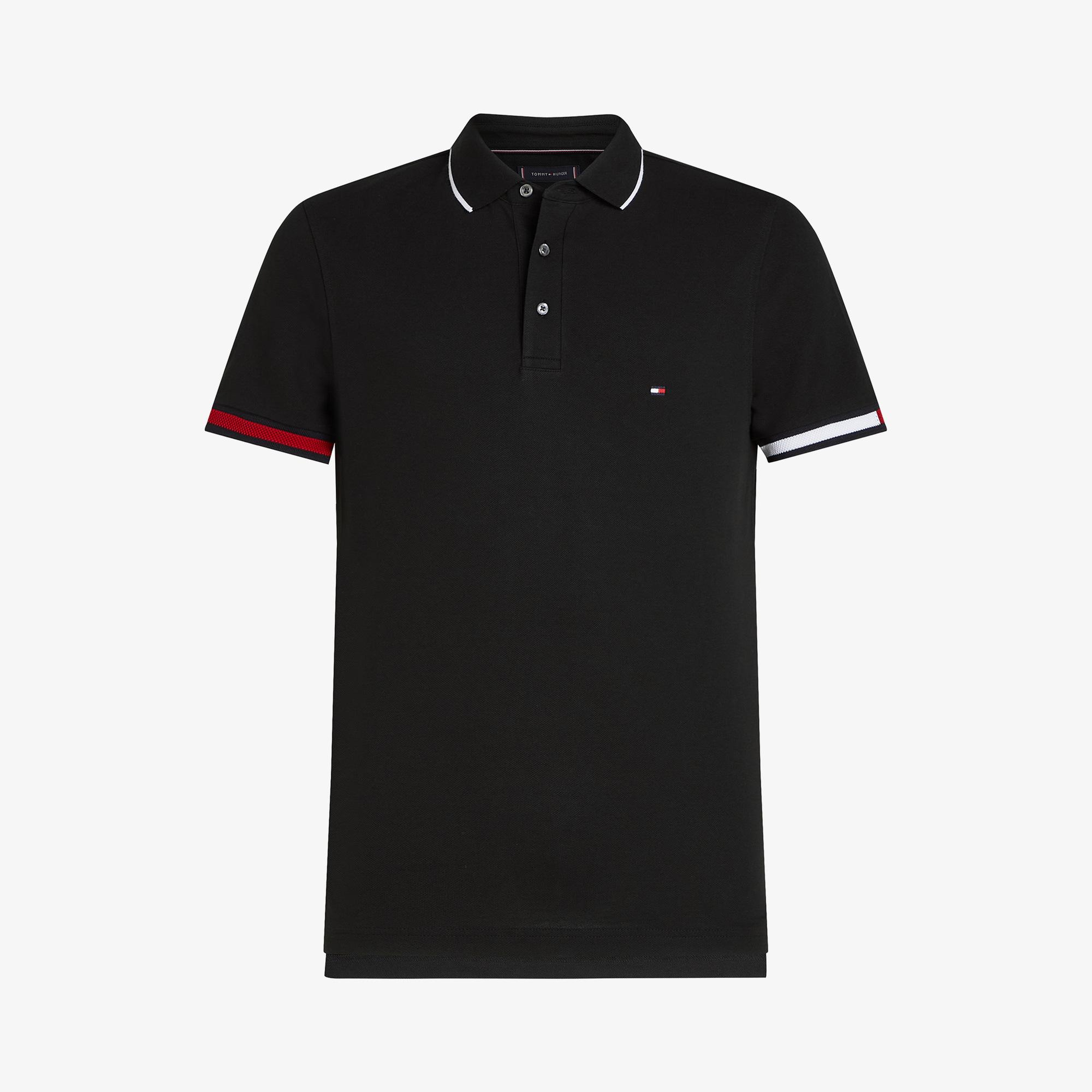 Tommy Hilfiger Flag Cuff Slim Fit Erkek Siyah Polo