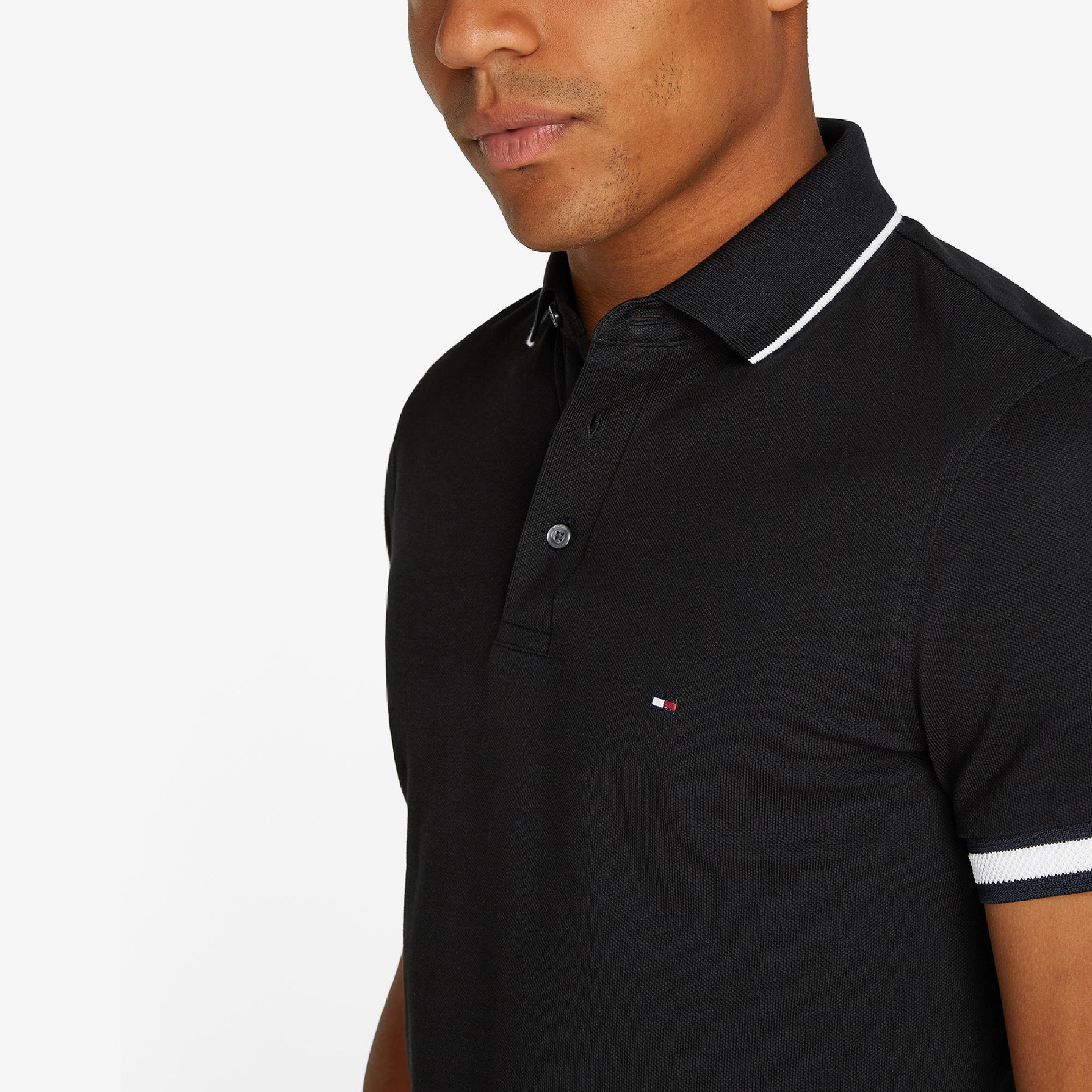 Tommy Hilfiger Flag Cuff Slim Fit Erkek Siyah Polo