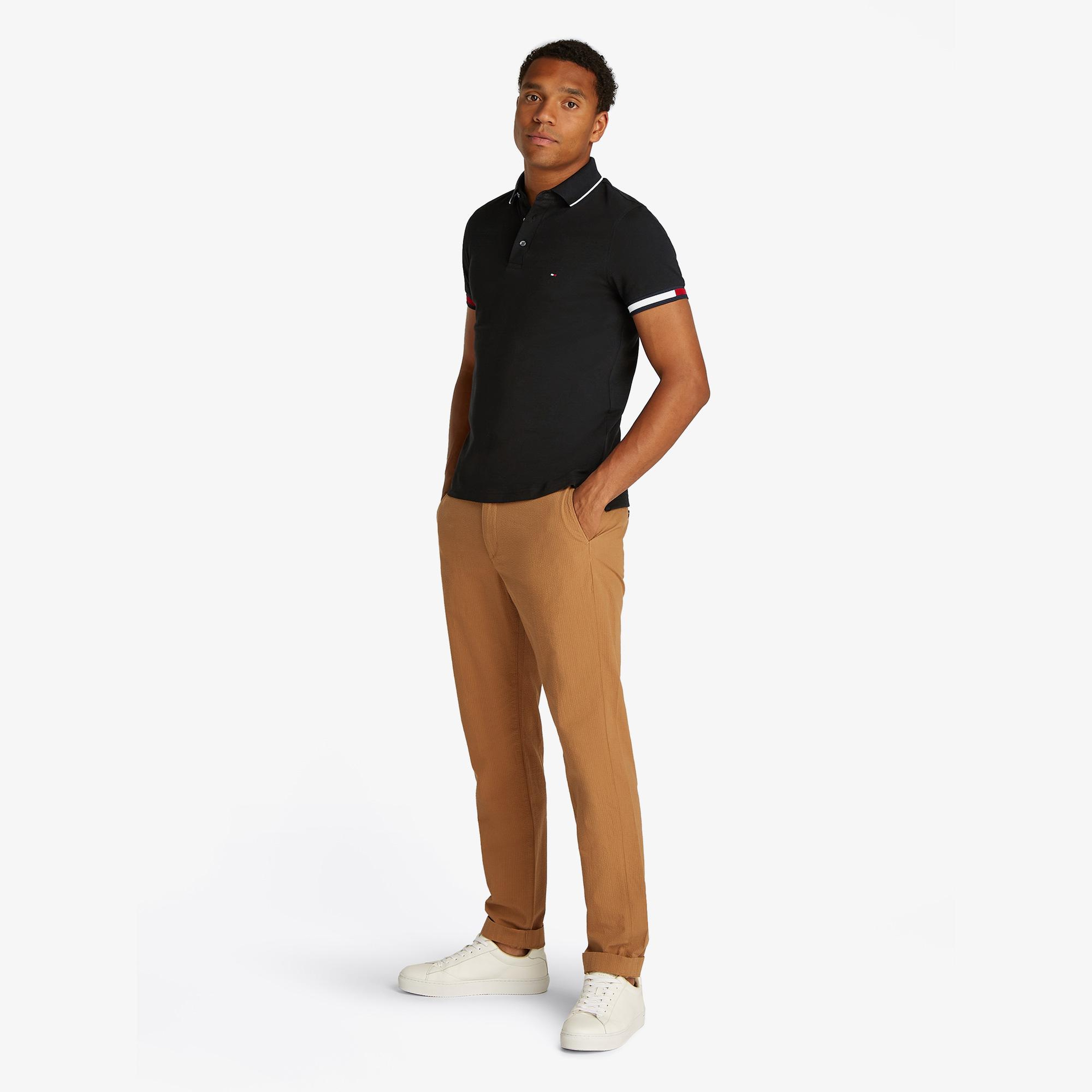 Tommy Hilfiger Flag Cuff Slim Fit Erkek Siyah Polo