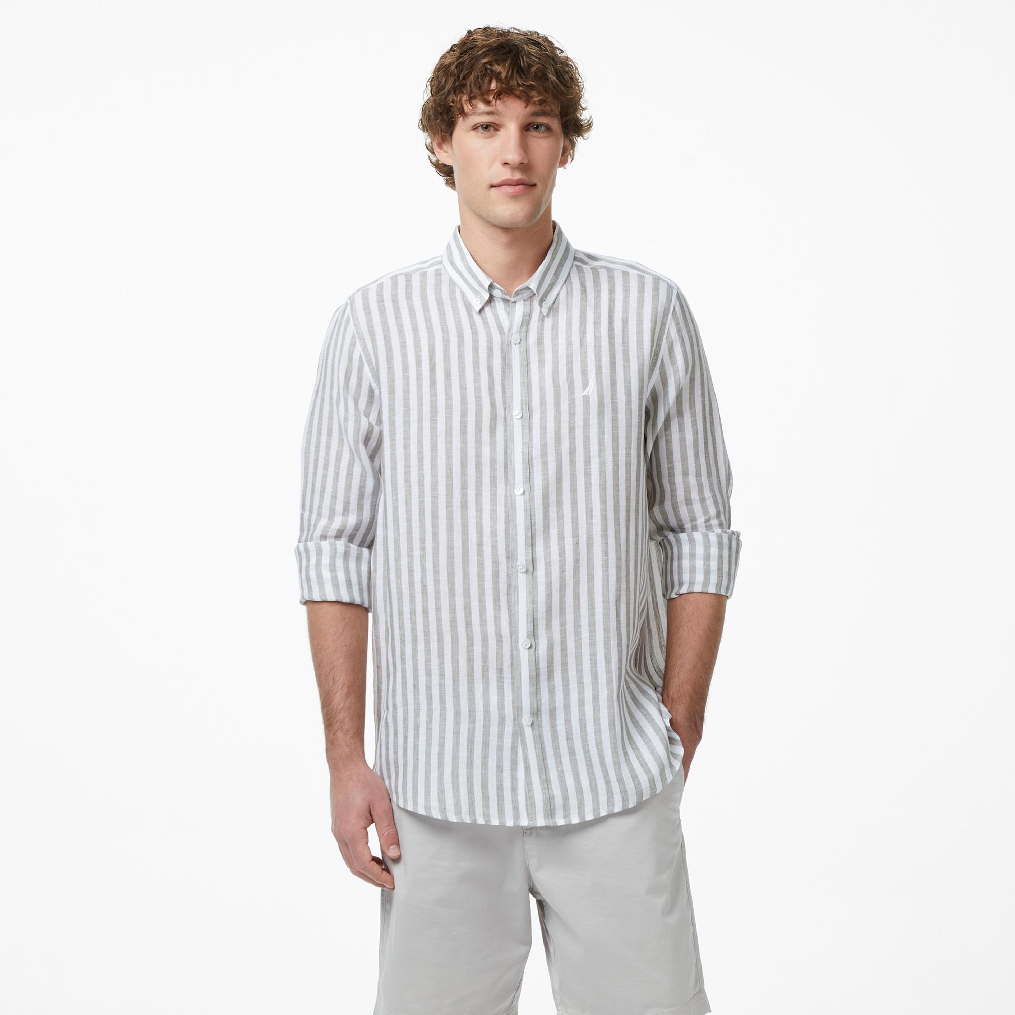 Nautica Erkek Yeşil Regular Fit Çizgili Keten Gömlek