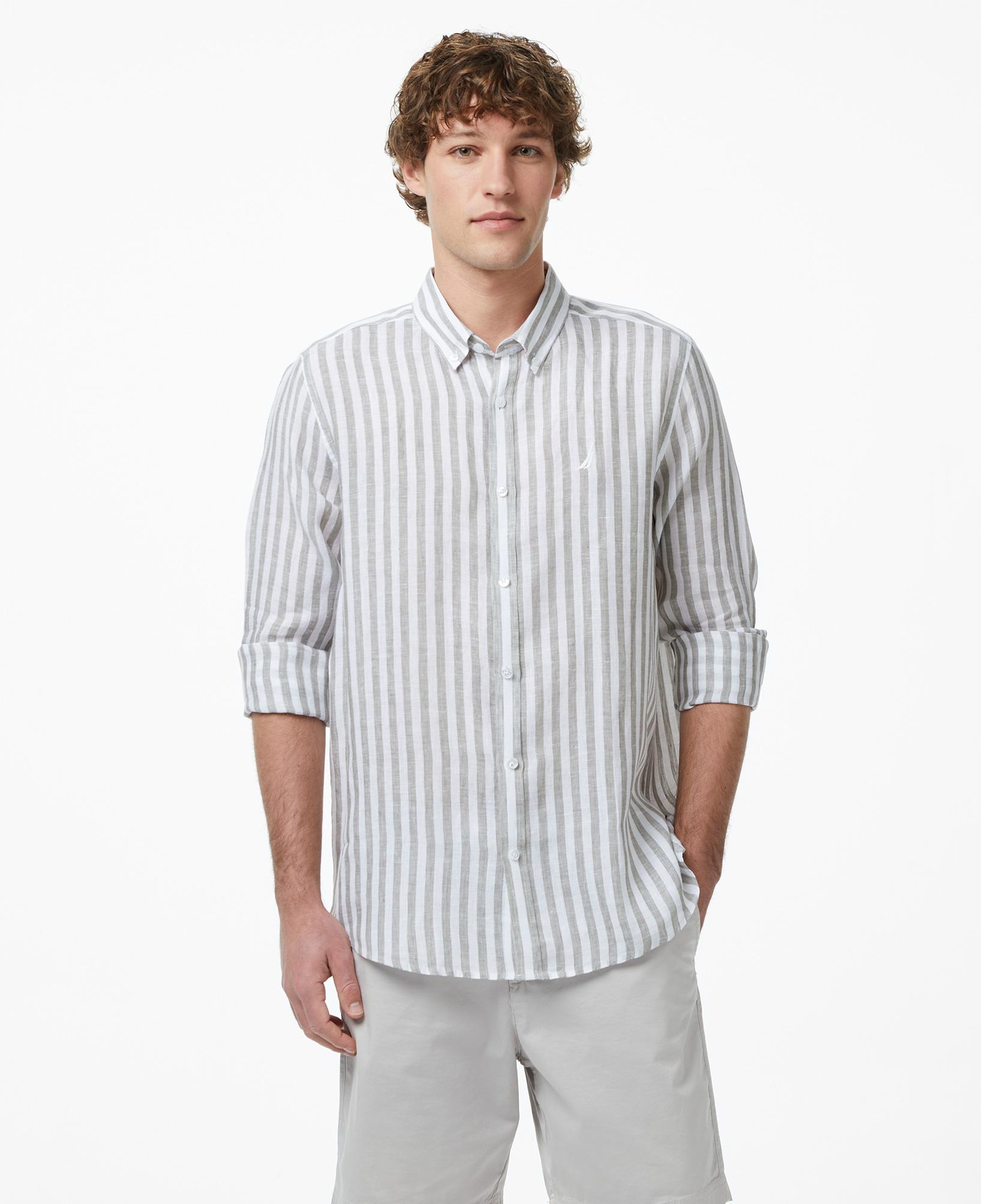 Nautica Erkek Yeşil Regular Fit Çizgili Keten Gömlek